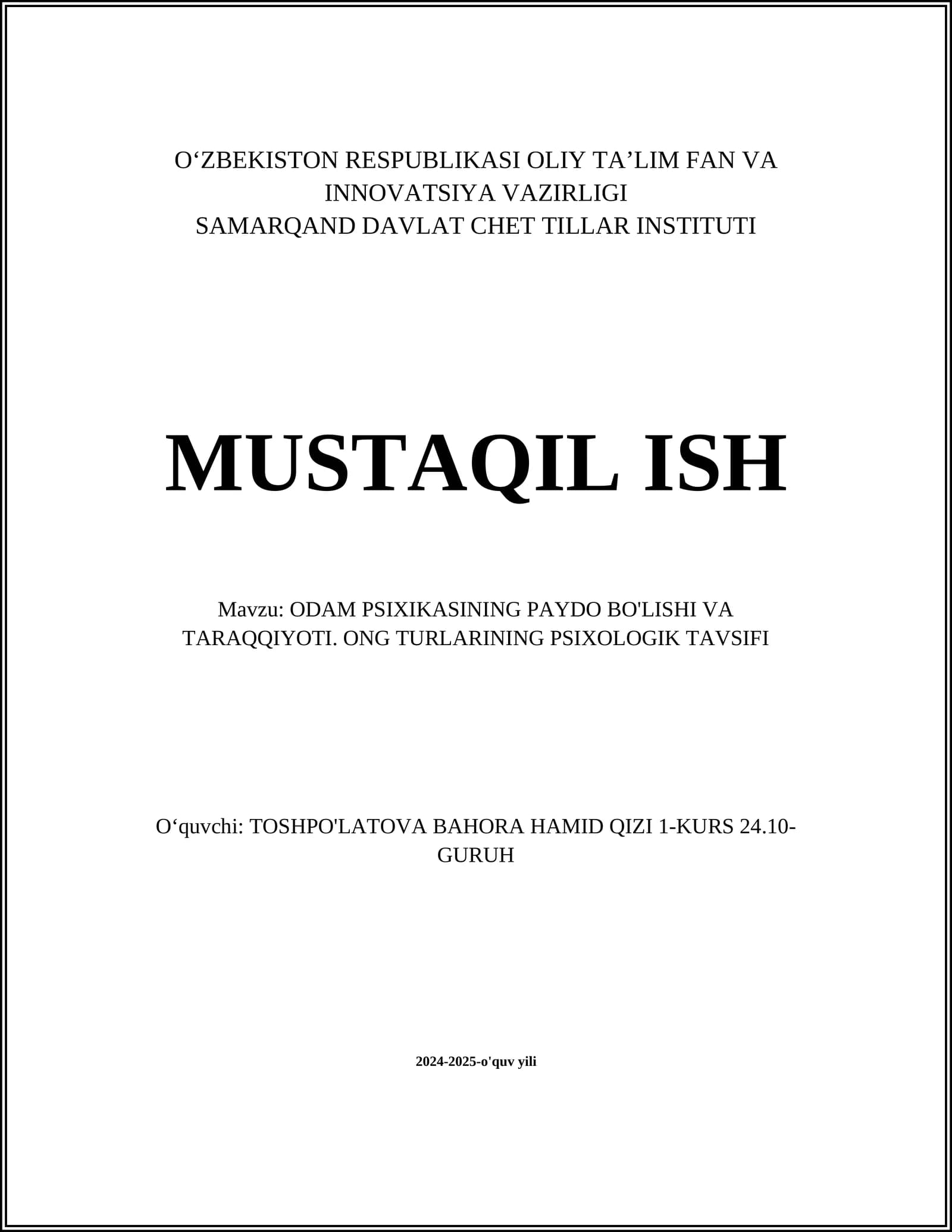 ODAM PSIXIKASINING PAYDO BO'LISHI VA TARAQQIYOTI