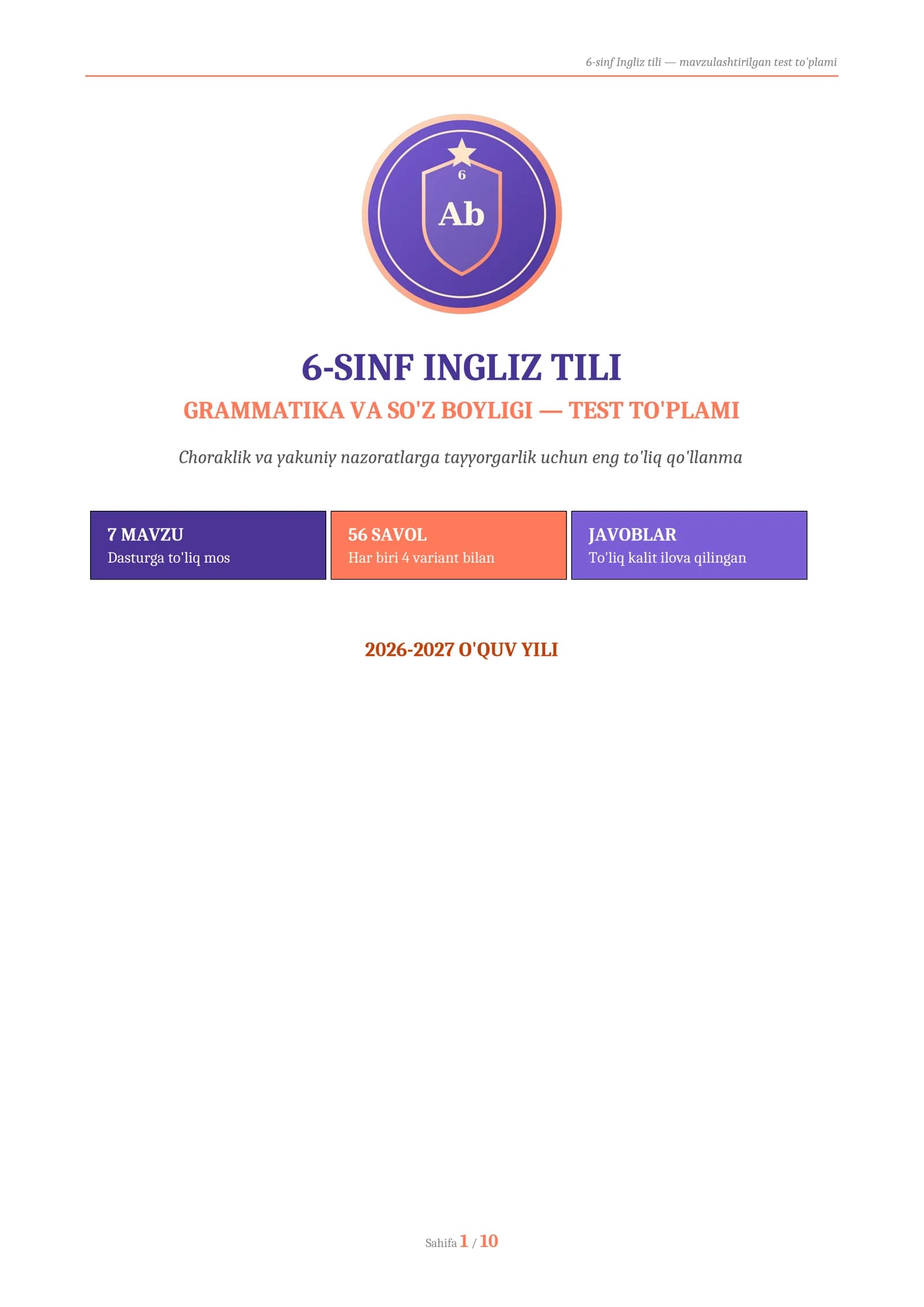 6-SINF INGLIZ TILI — GRAMMATIKA VA SO'Z BOYLIGI TEST TO'PLAMI 2026 (56 savol, javoblari bilan)
