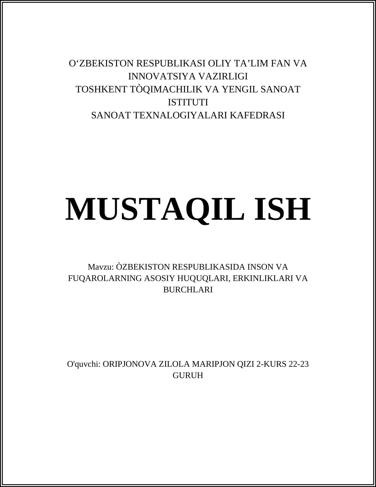 Inson va Fuqarolarning Asosiy Huquqlari, Erkinliklari va Burchlari