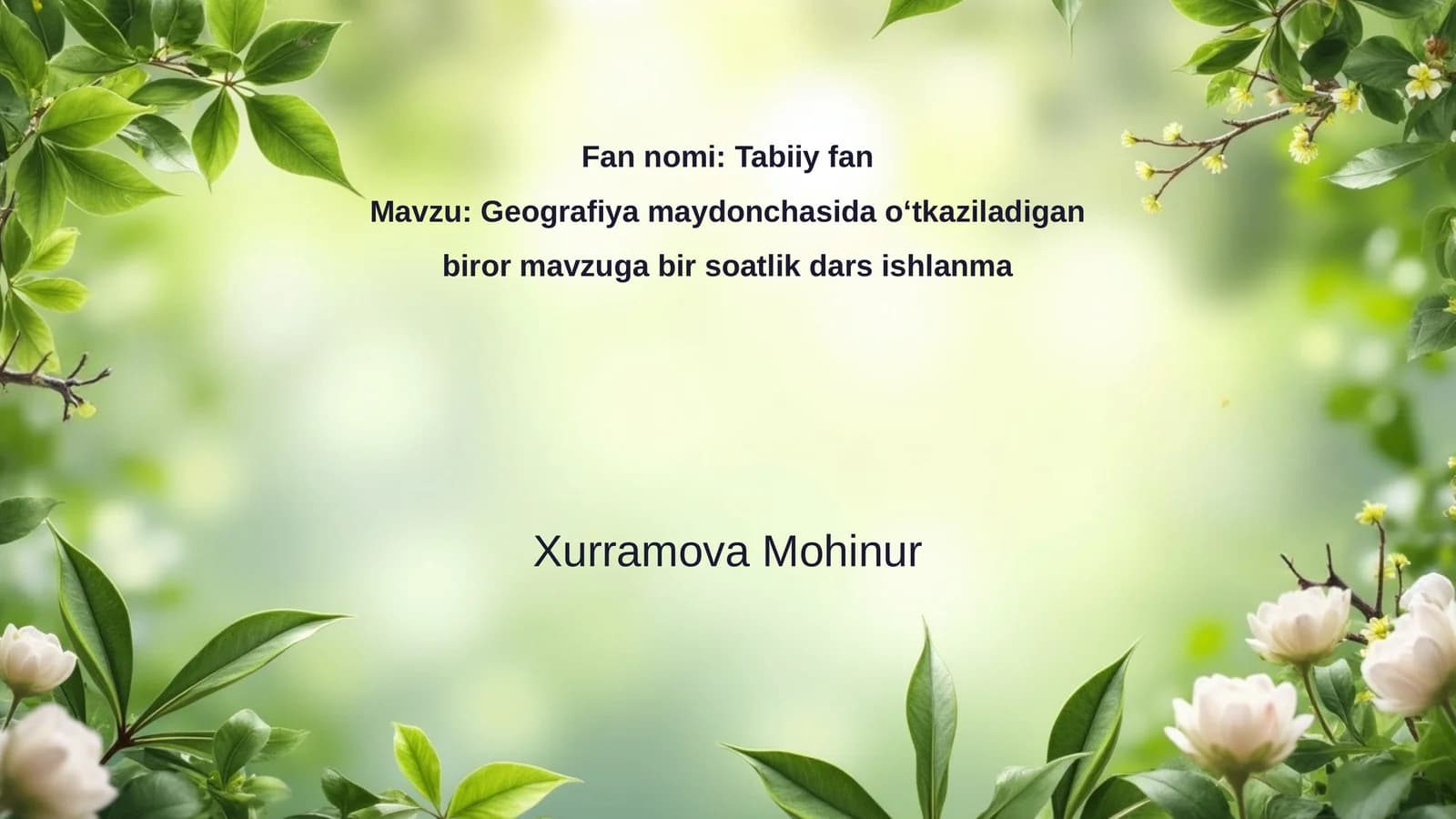 Geografiya maydonchasida oʻtkaziladigan biror mavzuga bir soatlik dars ishlanma