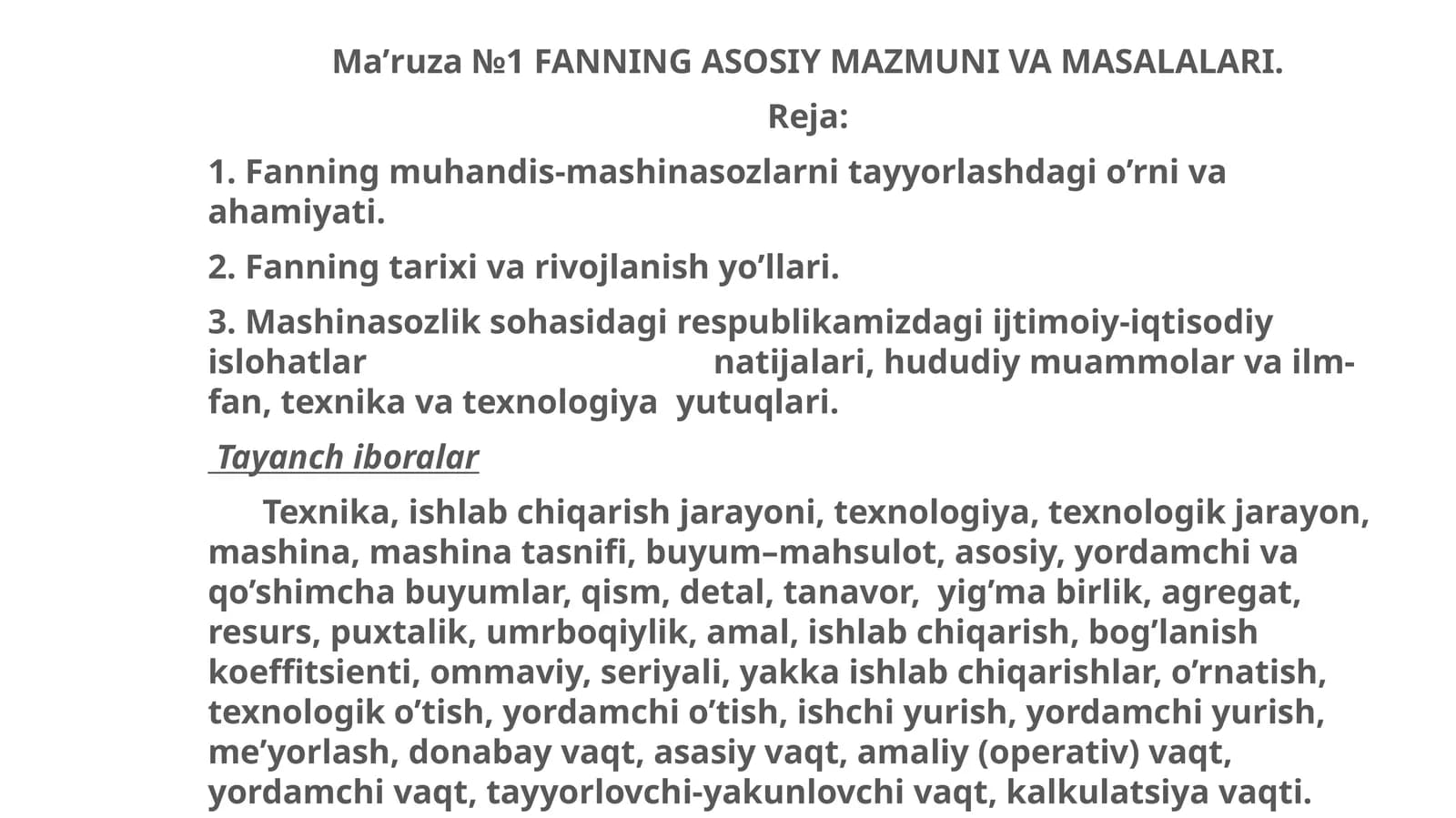 FANNING ASOSIY MAZMUNI VA MASALALARI