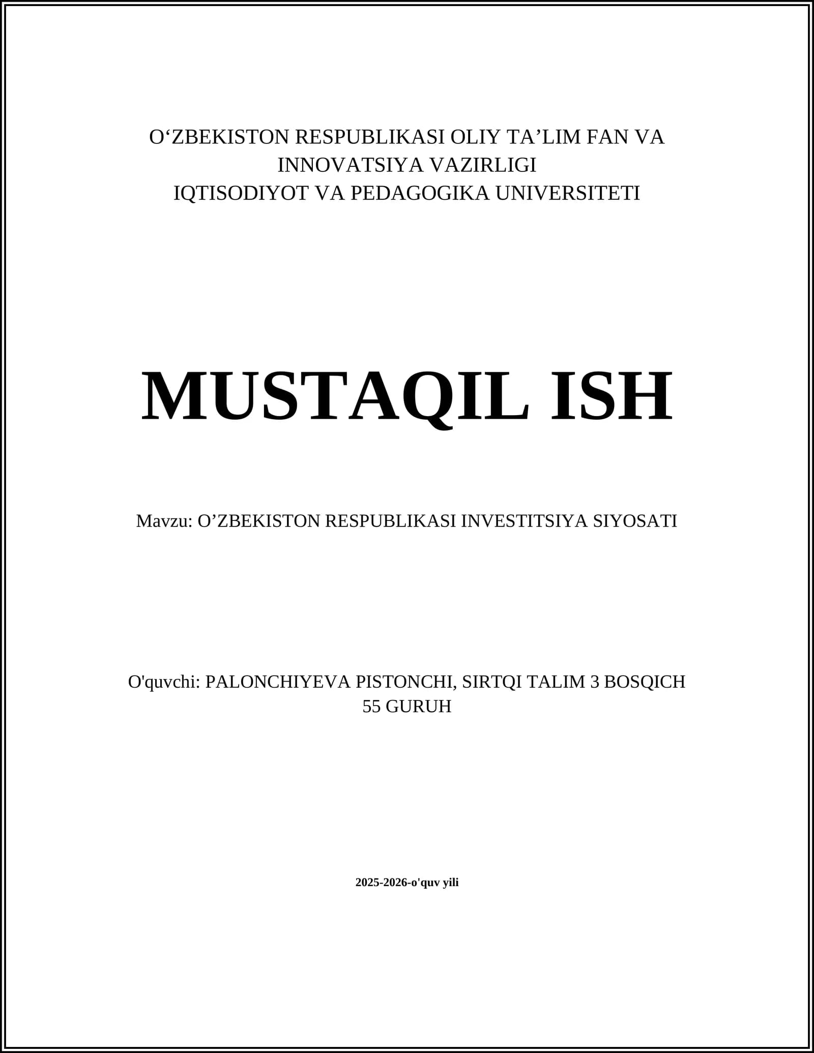 O’ZBEKISTON RESPUBLIKASI INVESTITSIYA SIYOSATI