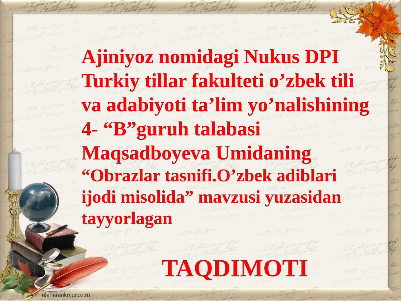 Maqsadboyeva Umidaning "Obrazlartasnifi. O'zbek adiblari ijodimisoli da"