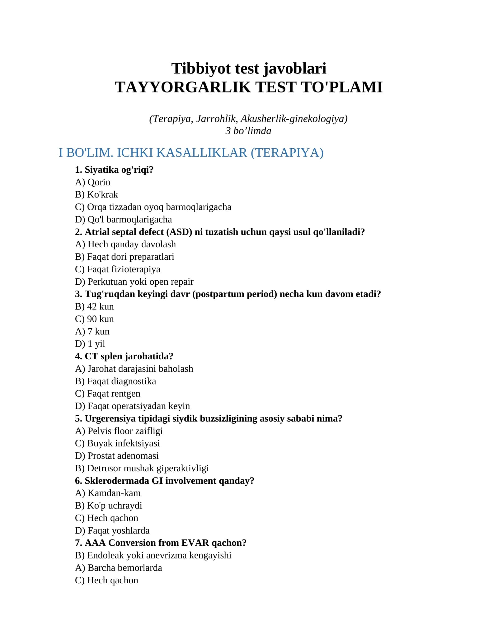 Tibbiyot test javoblari