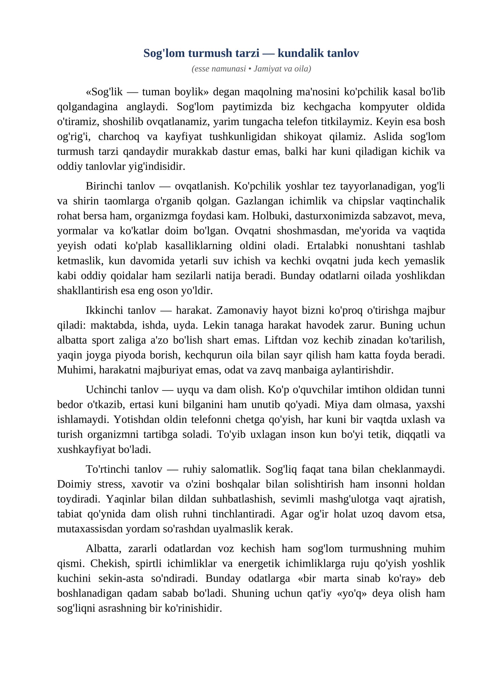 Esse Soglom turmush tarzi kundalik tanlov