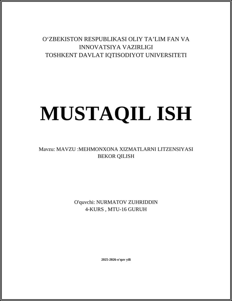 Mehmonxona xizmatlarini litsenziyasi bekor qilish