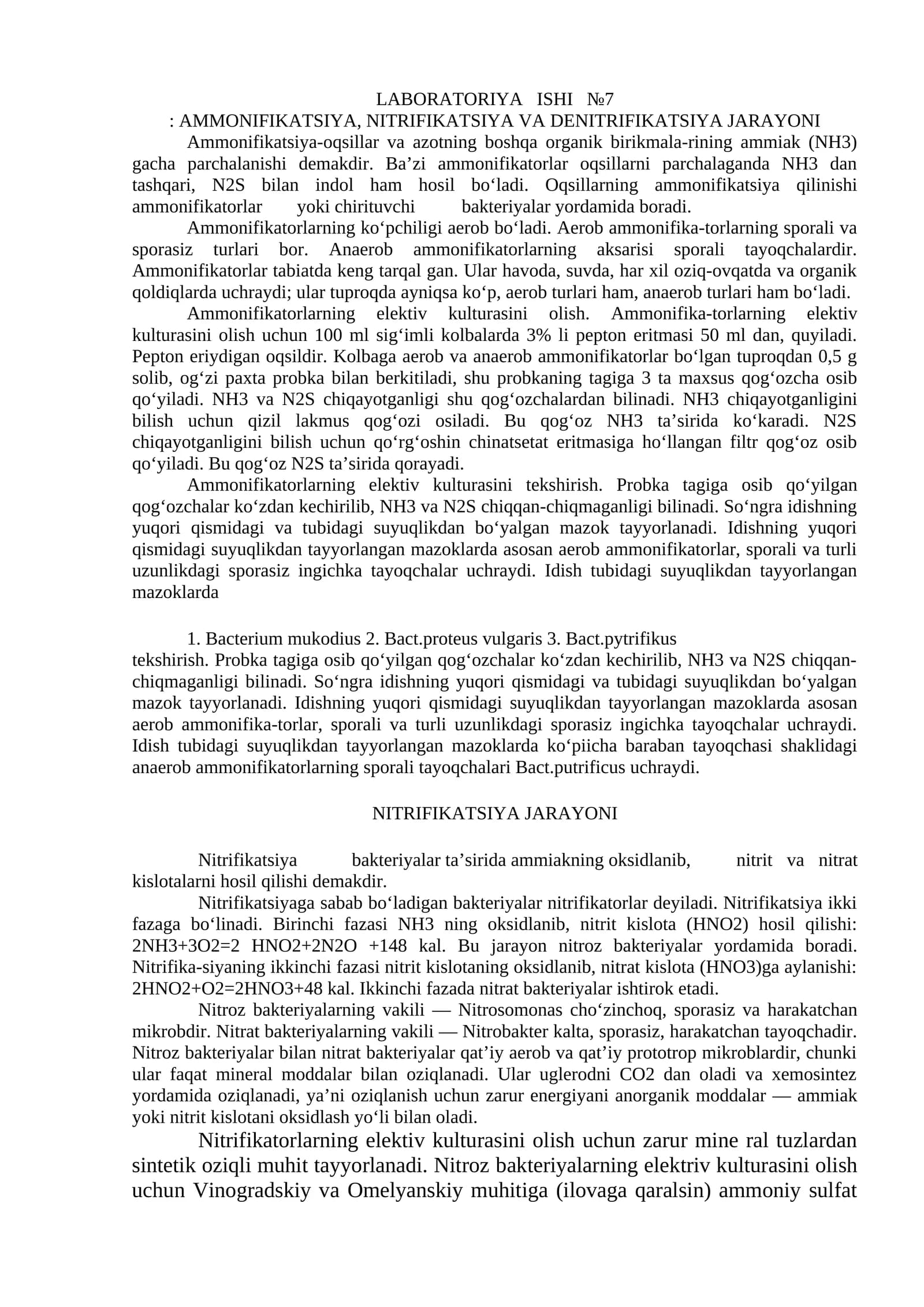 LABORATORIYA ISHI №7: AMMONIFIKATSIYA, NITRIFIKATSIYA VA DENITRIFIKATSIYA JARAYONI