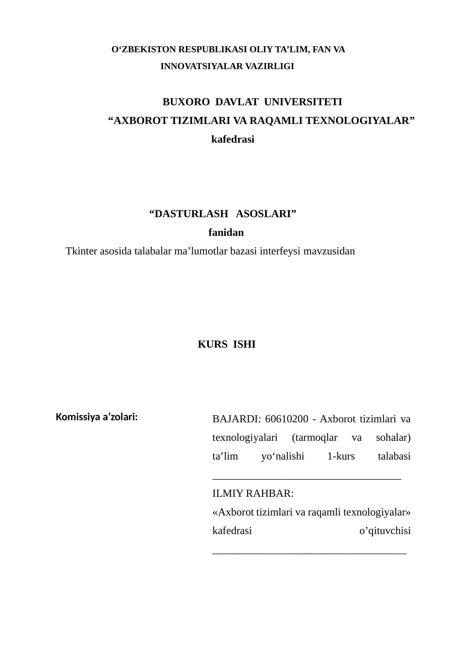 Tkinter asosida talabalar ma’lumotlar bazasi interfeysi