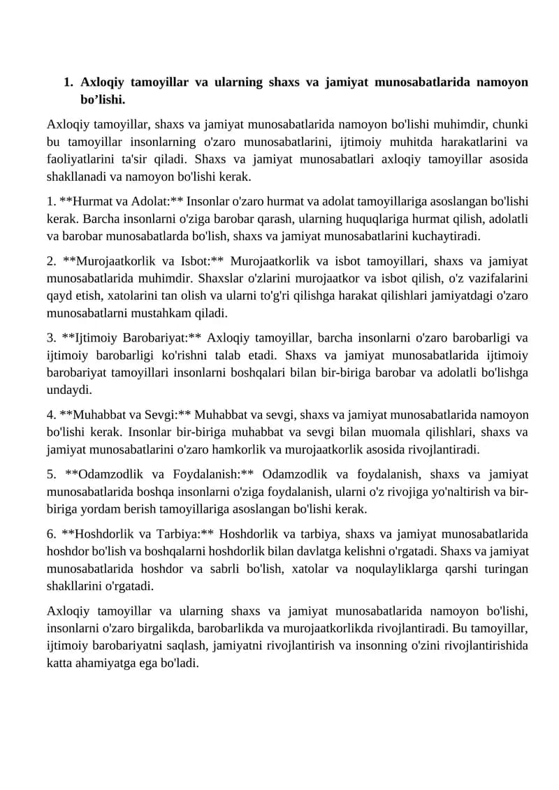 Axloqiy tamoyillar va ularning shaxs va jamiyat munosabatlarida namoyon bo’lishi