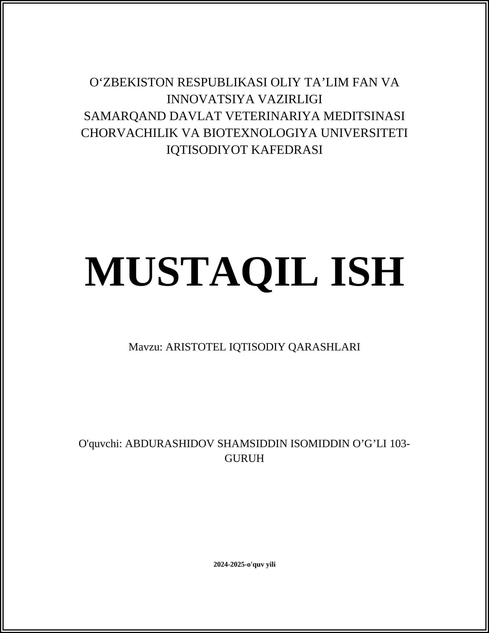 ARISTOTEL IQTISODIY QARASHLARI