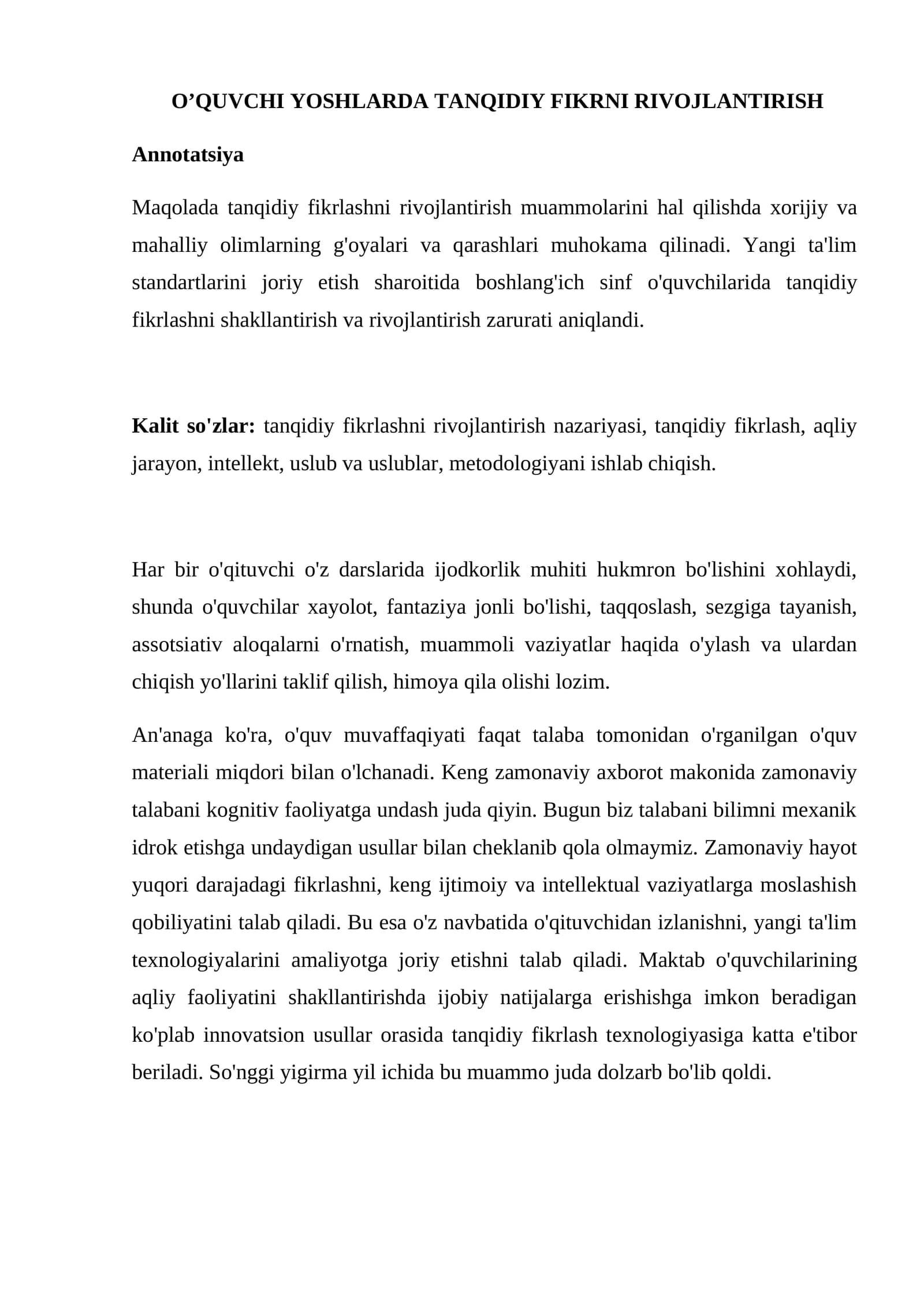 O’QUVCHI YOSHLARDA TANQIDIY FIKRNI RIVOJLANTIRISH