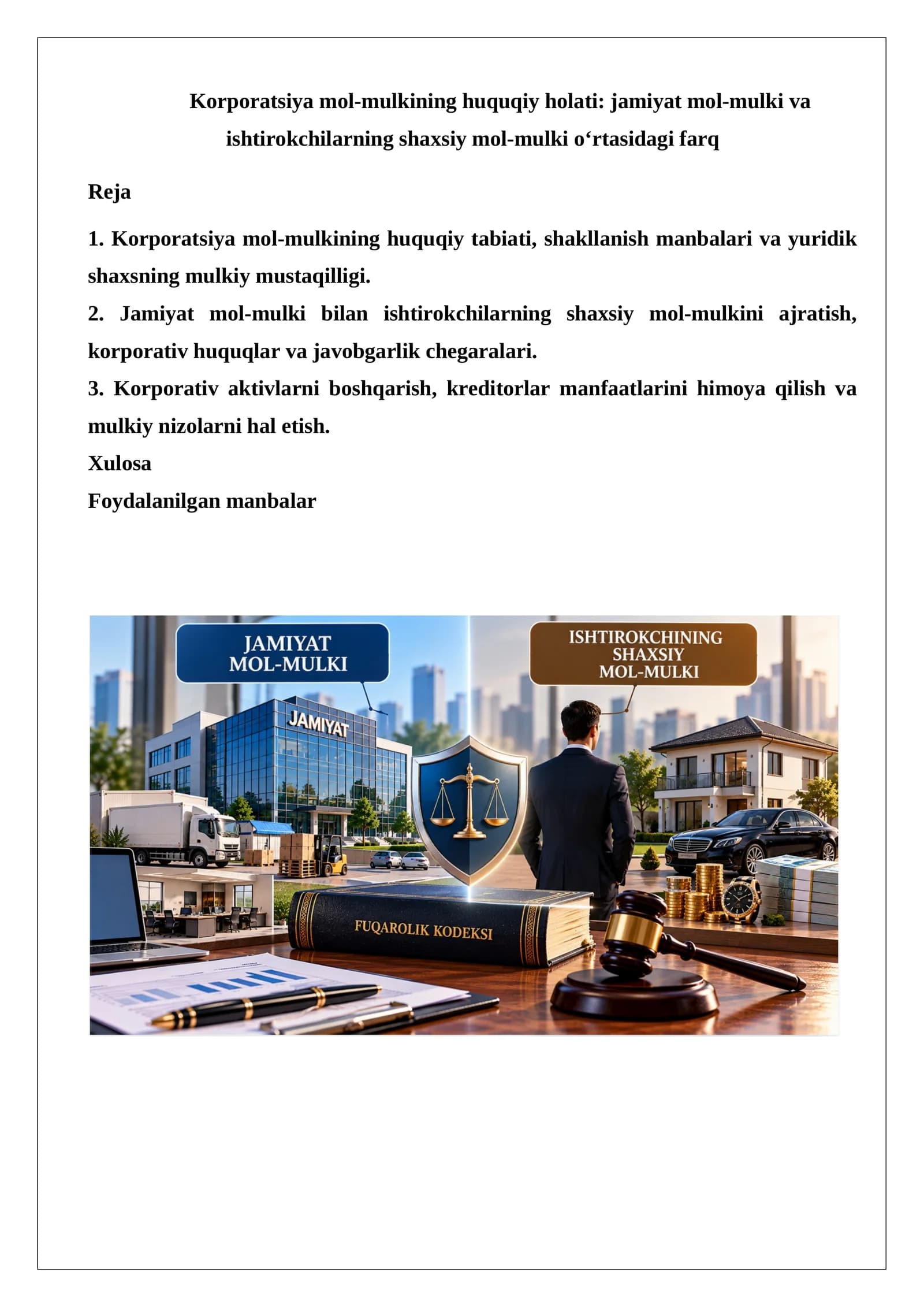 Korporatsiya mol-mulkining huquqiy holati jamiyat mol-mulki va ishtirokchilarning shaxsiy mol-mulki o‘rtasidagi farq.docx