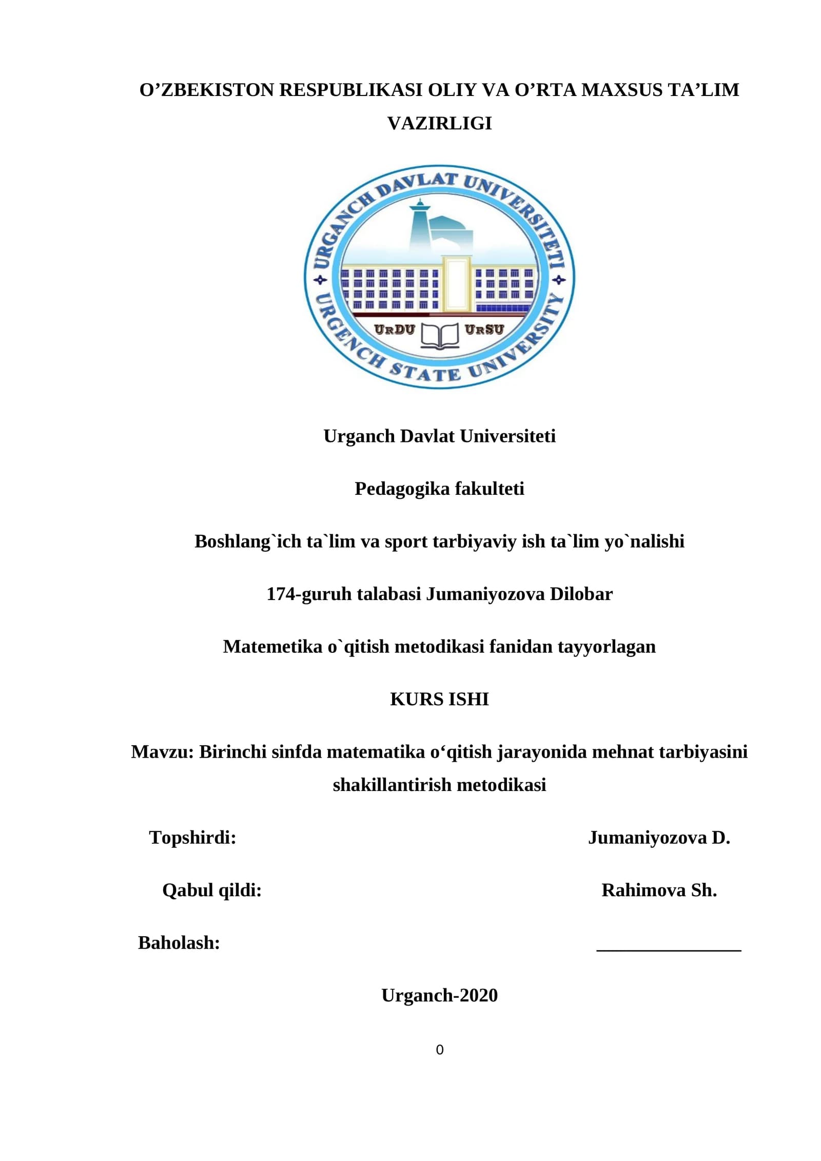 KURS ISHI Birinchi sinfda matematika o‘qitish jarayonida mehnat tarbiyasini shakillantirish metodikasi