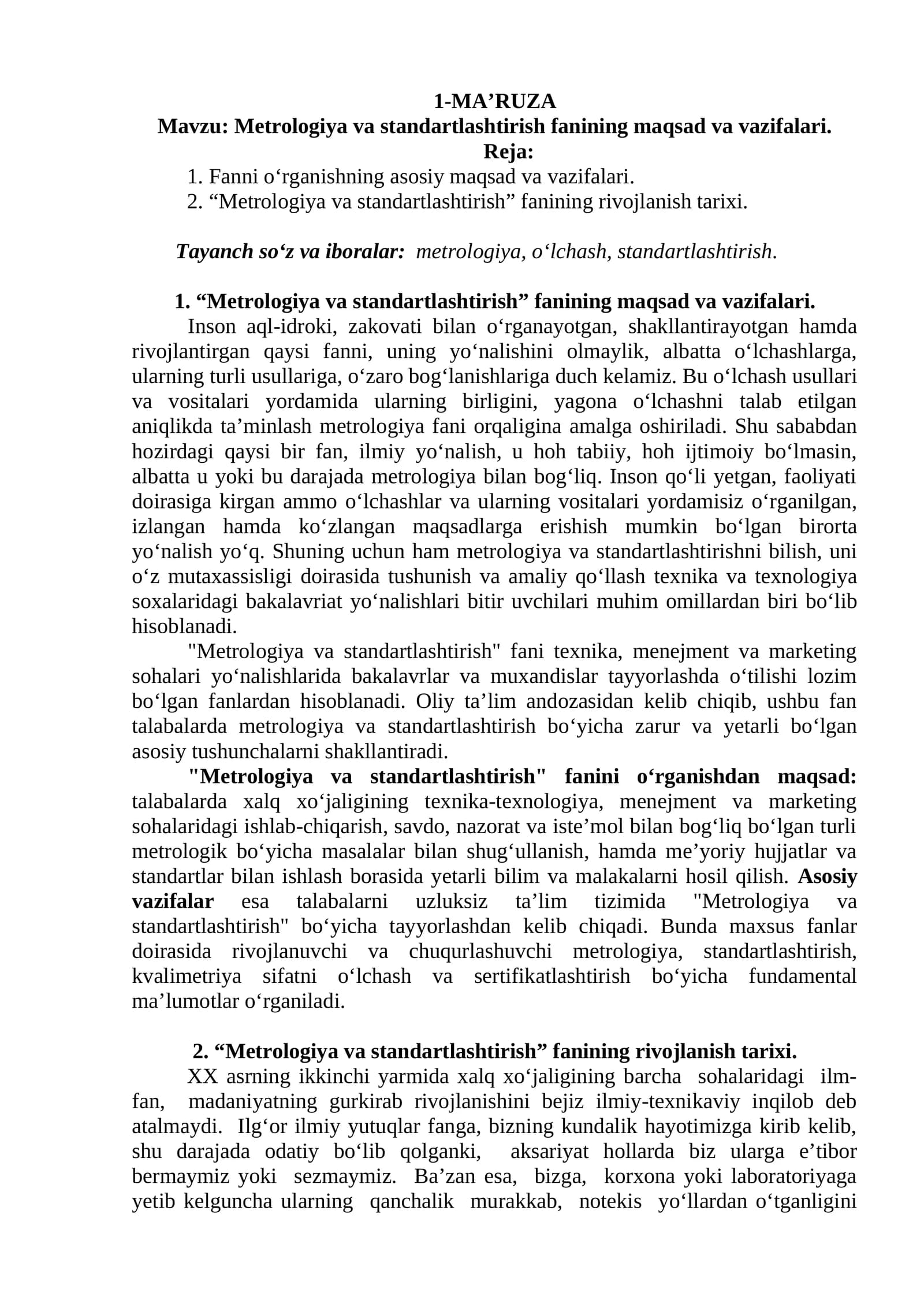 Metrologiya va standartlashtirish fanining maqsad va vazifalari