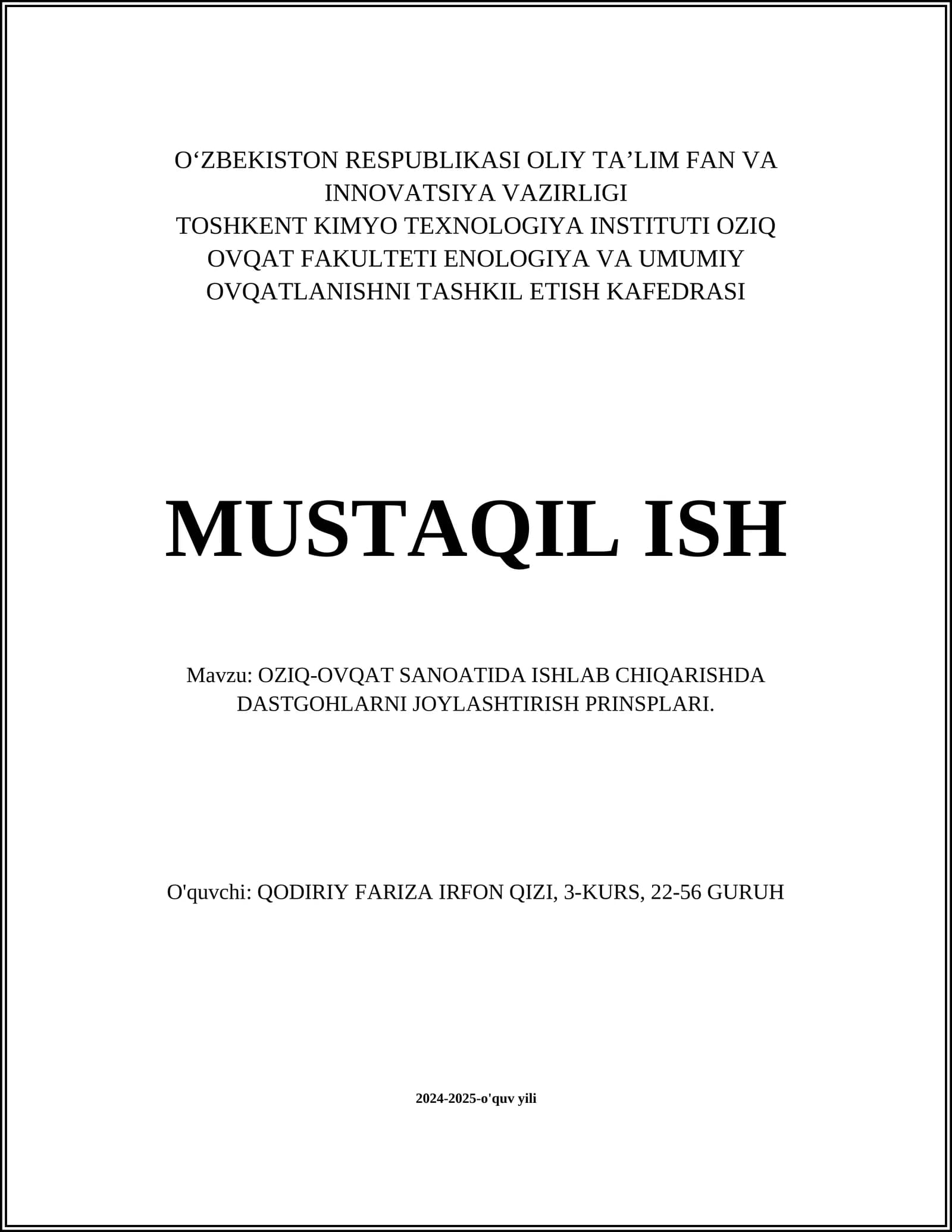 OZIQ-OVQAT SANOATIDA ISHLAB CHIQARISHDA DASTGOHLARNI JOYLASHTIRISH PRINSPLARI