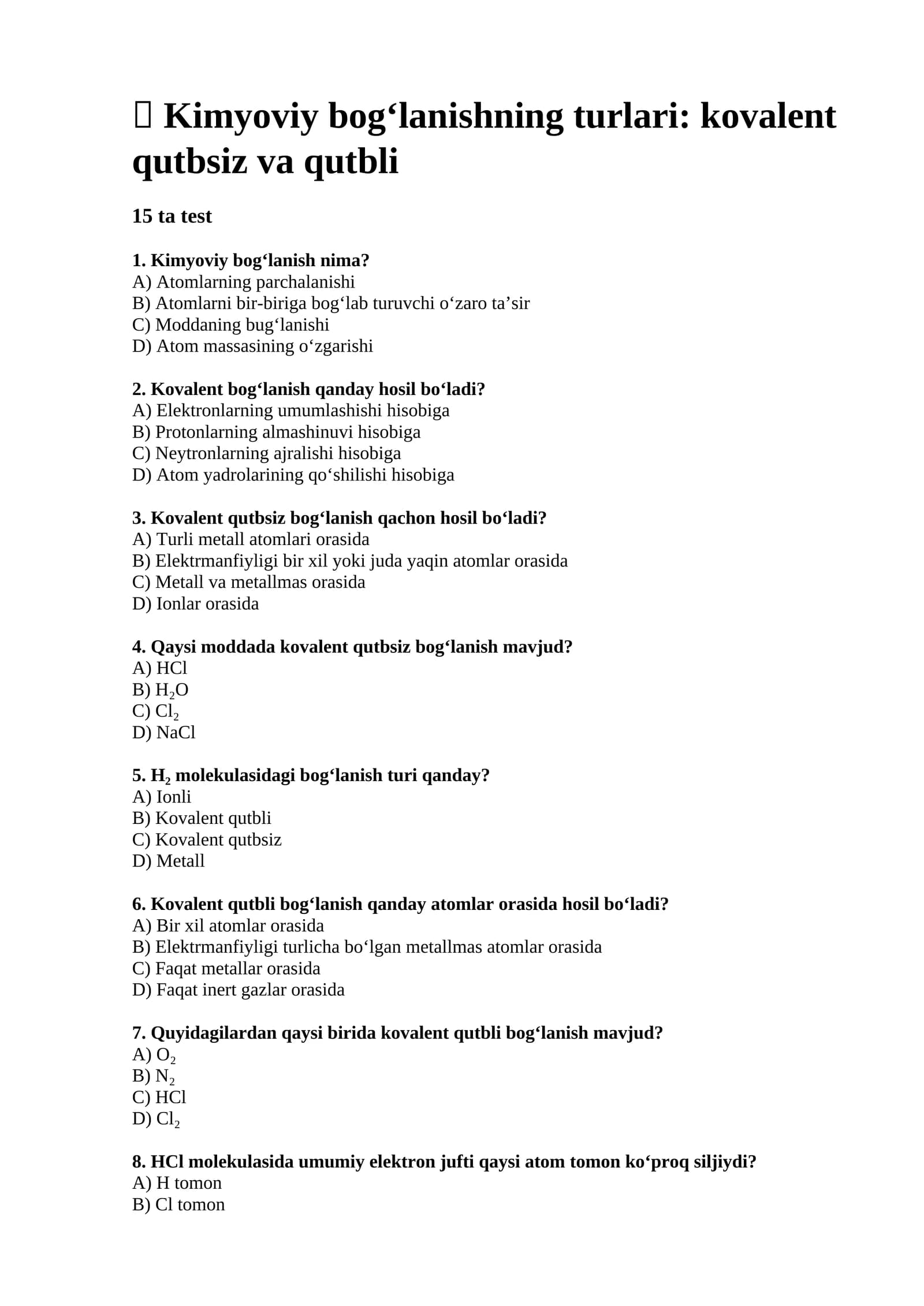 Kimyoviy bog‘lanishning turlari