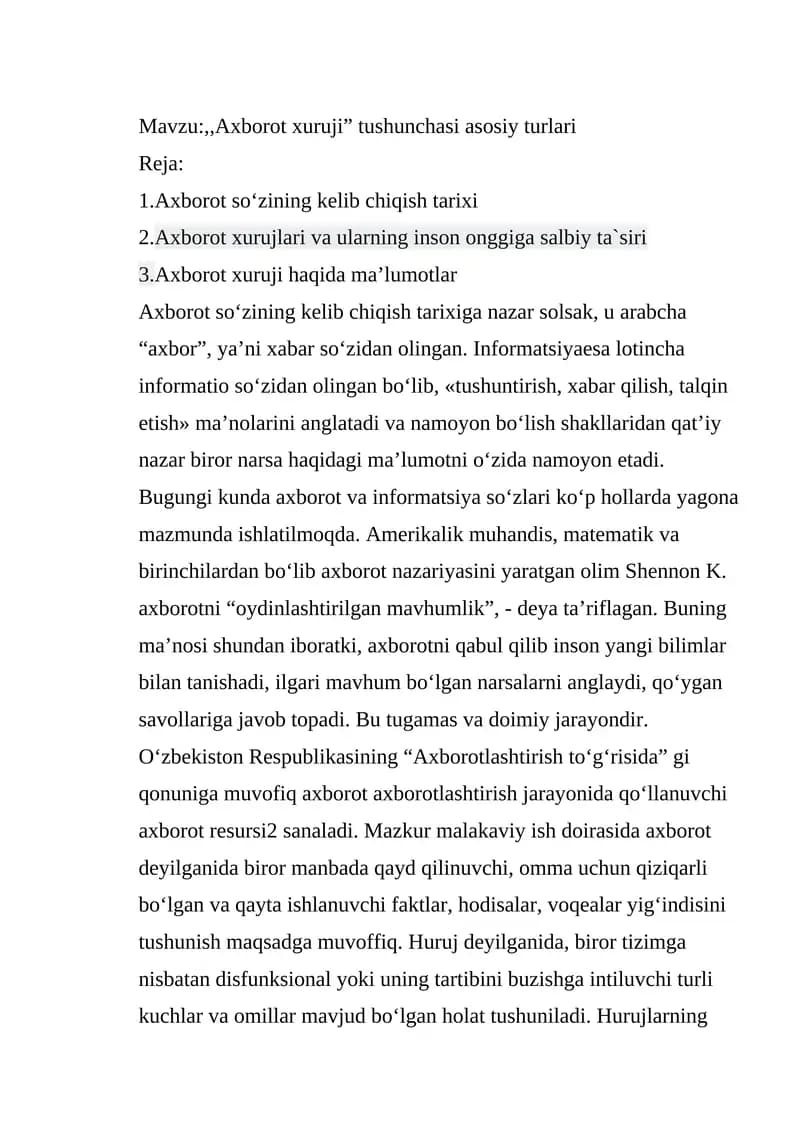 Axborot xurujlari va ularning inson onggiga salbiy ta`siri