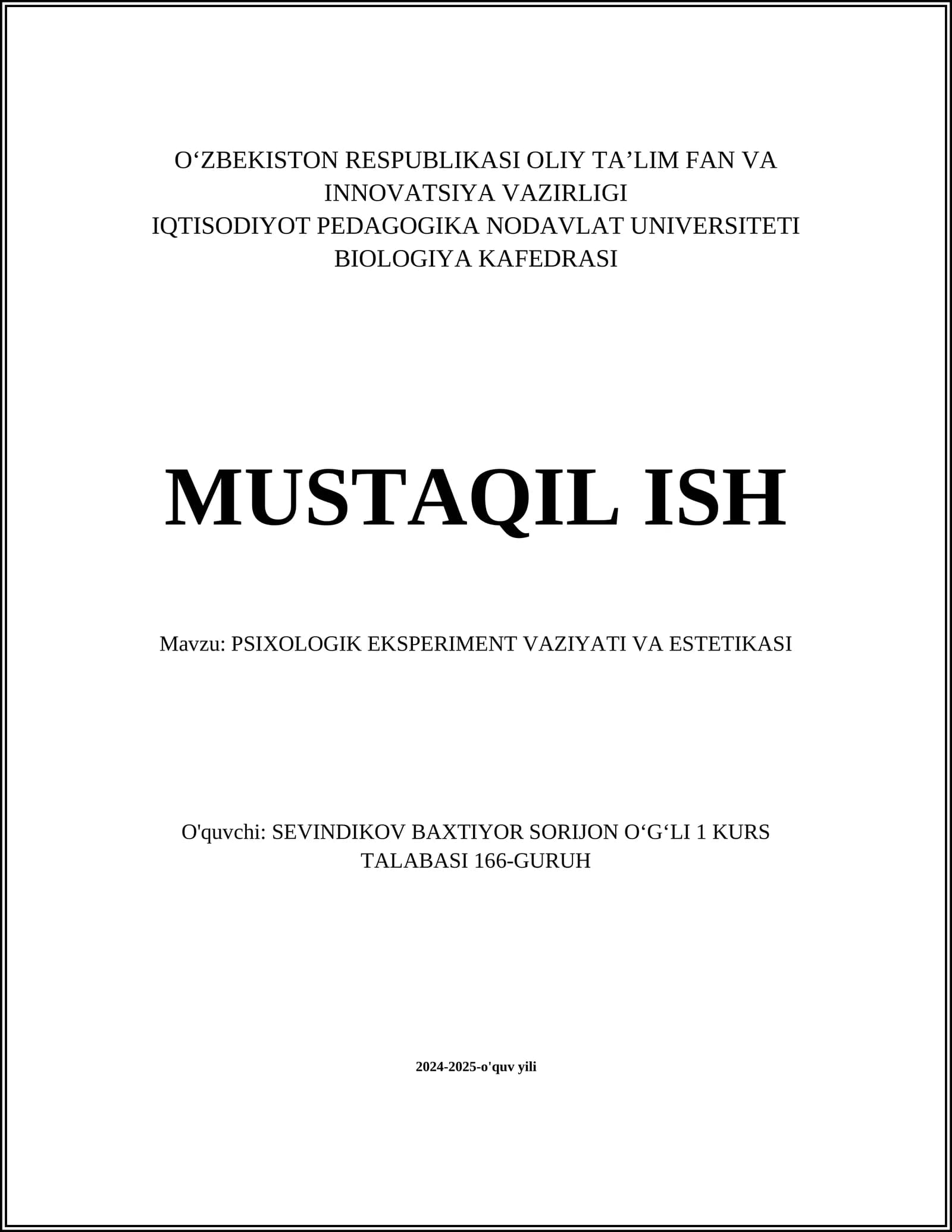 PSIXOLOGIK EKSPERIMENT VAZIYATI VA ESTETIKASI