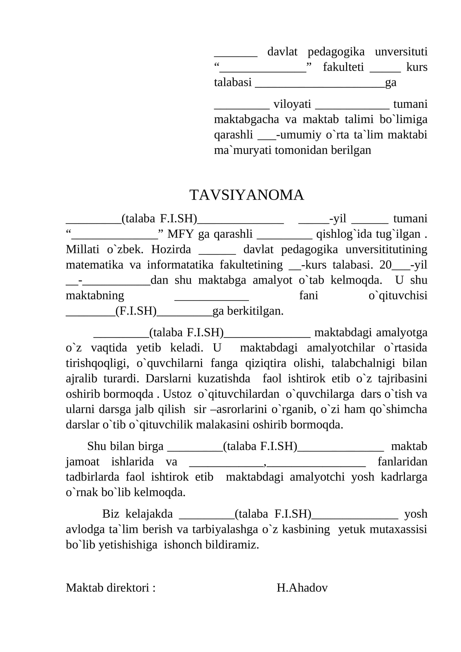 tavsiyanoma taabalar uchun