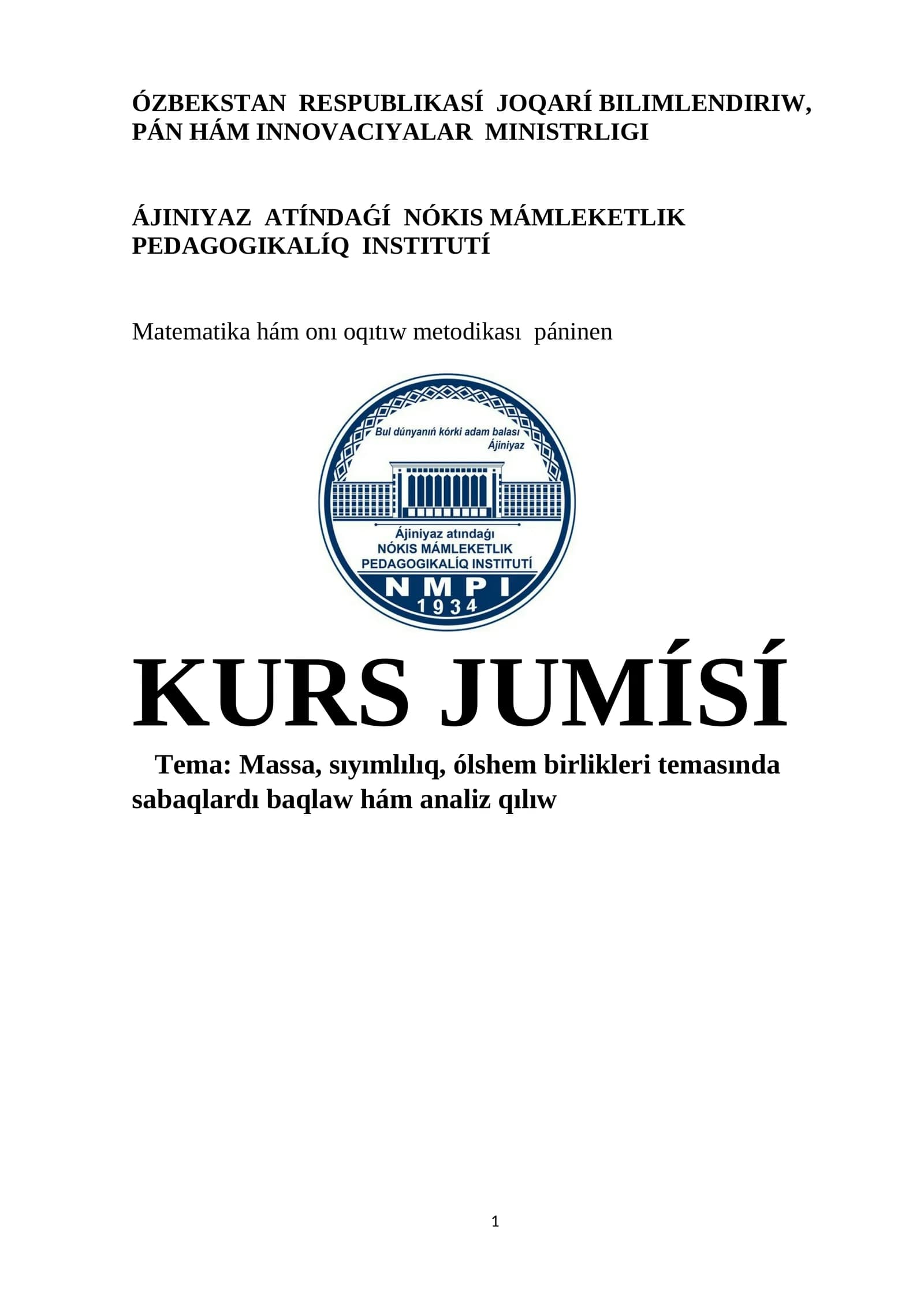 Matematika hám onı oqıtıw metodikası páninen