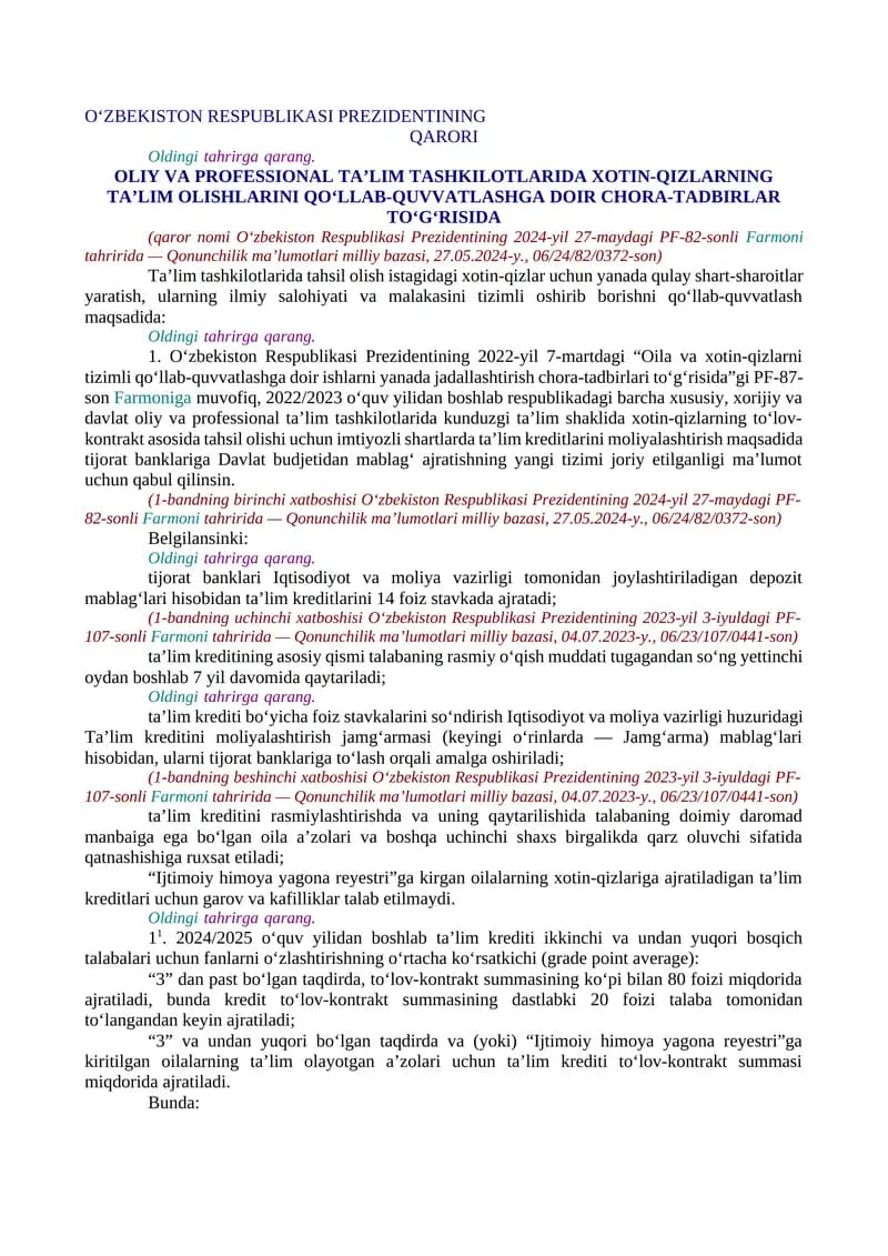 OLIY VA PROFESSIONAL TA’LIM TASHKILOTLARIDA XOTIN-QIZLARNING TA’LIM OLISHLARINI QO‘LLAB-QUVVATLASHGA DOIR CHORA-TADBIRLAR TO‘G‘RISIDA
