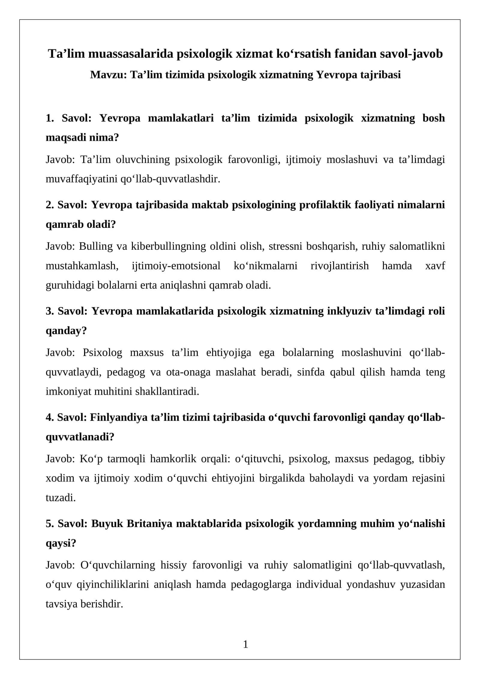 Ta’lim muassasalarida psixologik xizmat ko‘rsatish fanidan savol-javob