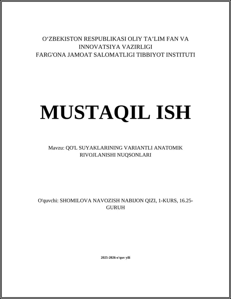 QO'L SUYAKLARINING VARIANTLI ANATOMIK RIVOJLANISHI NUQSONLARI