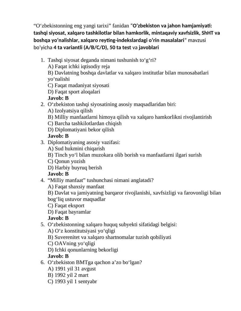 Oʻzbekistonning eng yangi tarixi 9-test