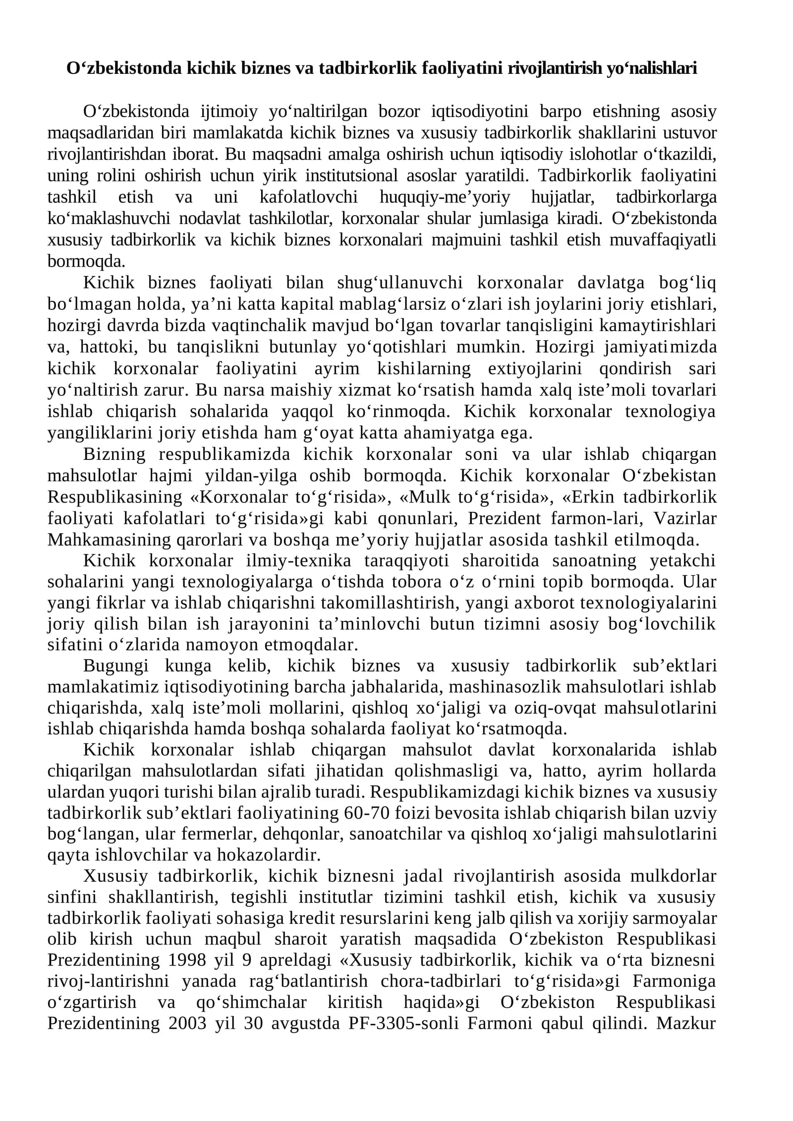 O‘zbekistonda kichik biznes va tadbirkorlik faoliyatini rivojlantirish yo‘nalishlari