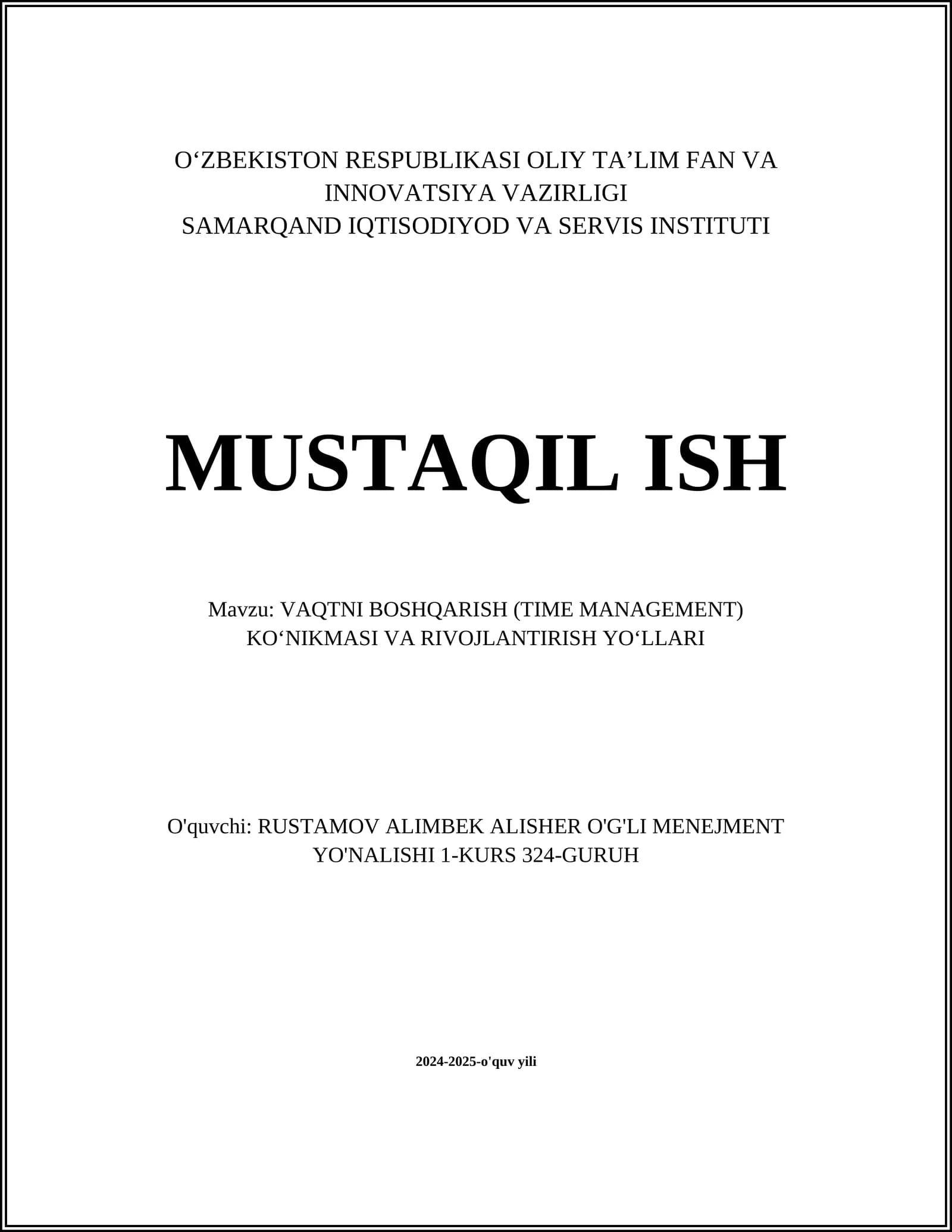 VAQTNI BOSHQARISH (TIME MANAGEMENT) KO‘NIKMASI VA RIVOJLANTIRISH YO‘LLARI