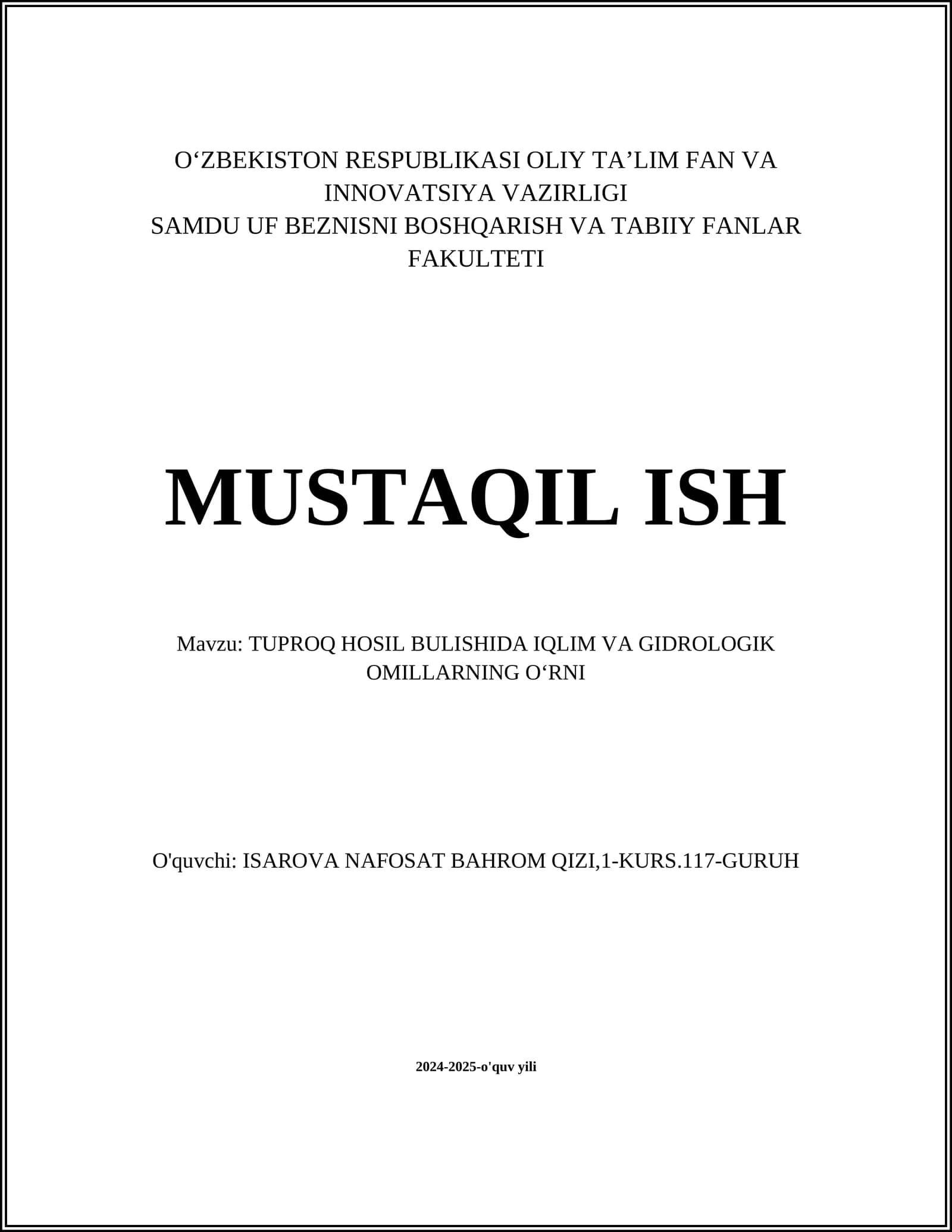 TUPROQ HOSIL BULISHIDA IQLIM VA GIDROLOGIK OMILLARNING OʻRNI