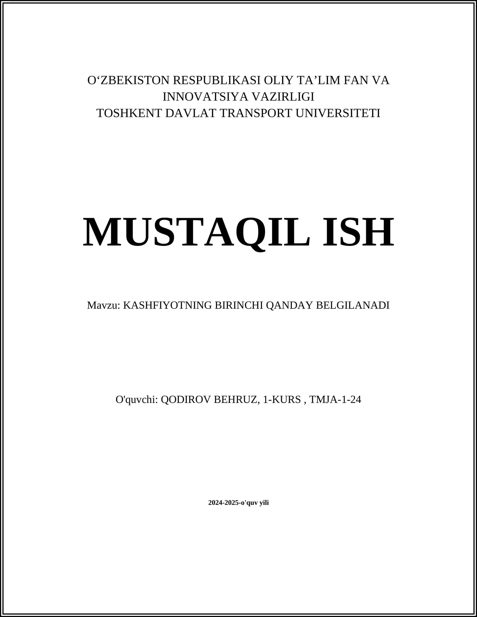 KASHFIYOTNING BIRINCHI QANDAY BELGILANADI