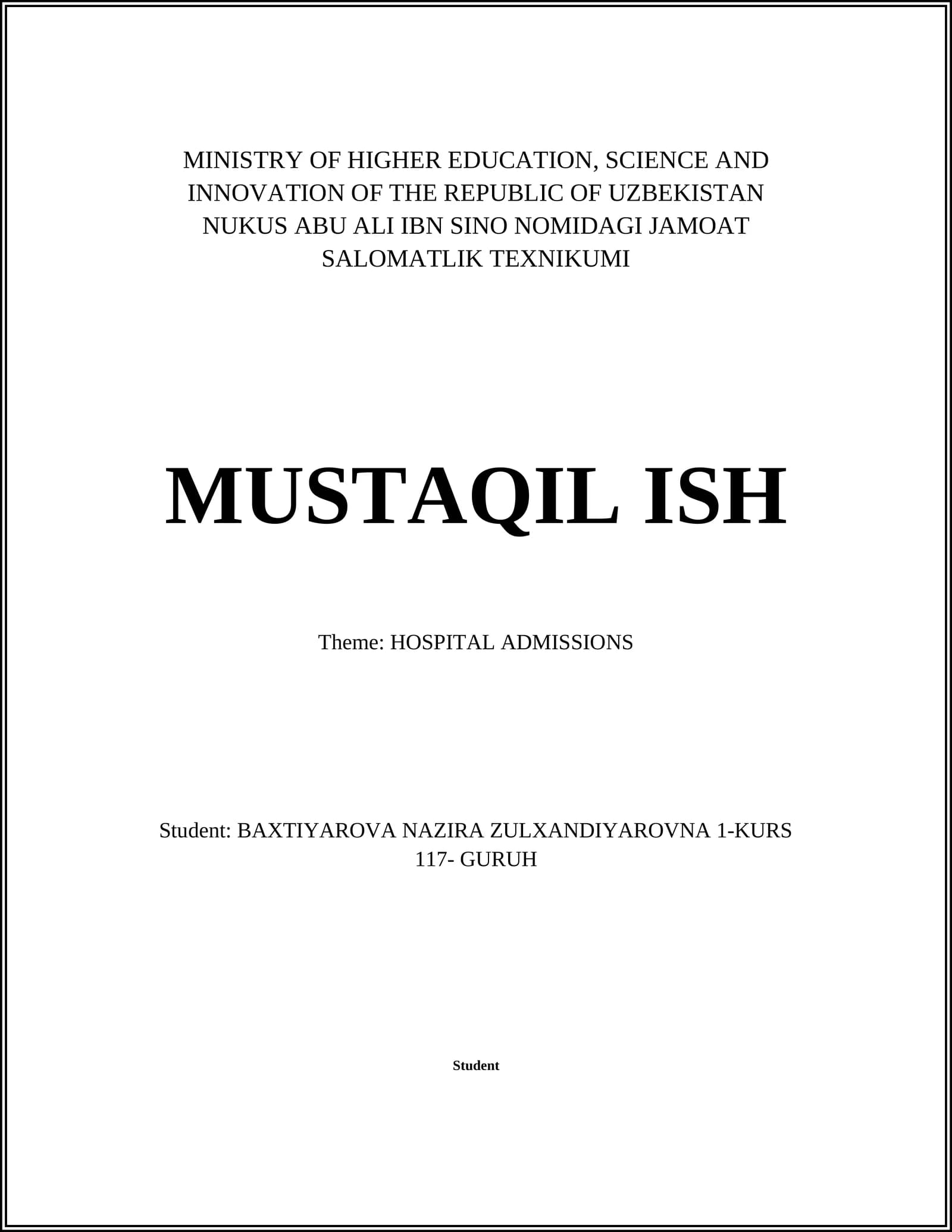 Patient Intake Process at Nukus Abu Ali ibn Sino Nomidagi Jamoat Salomatlik Texnikumi
