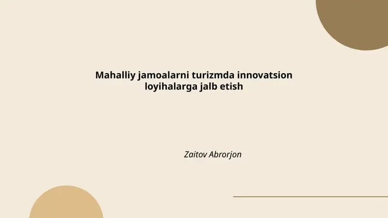 Mahalliy jamoalarni turizmda innovatsion loyihalarga jalb etish