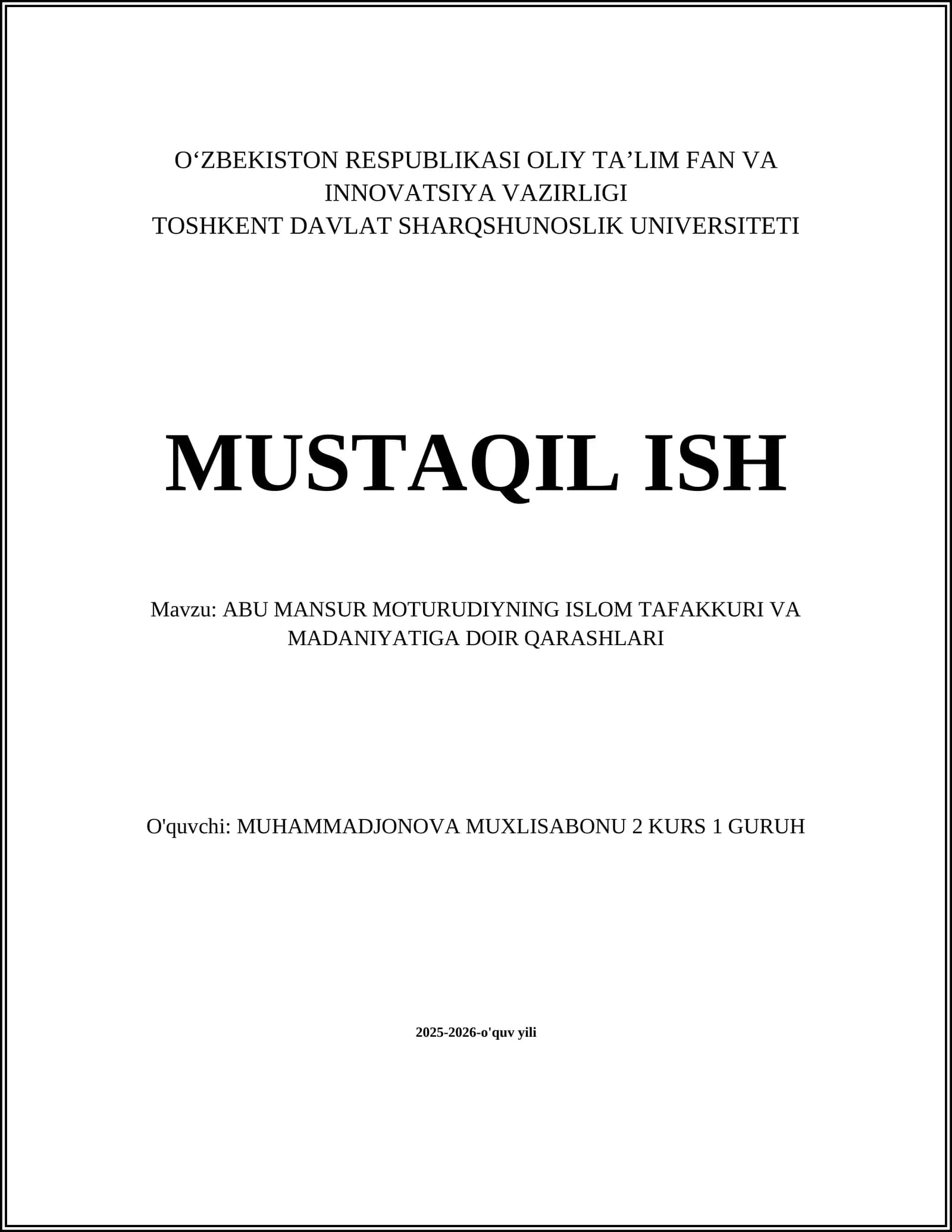 ABU MANSUR MOTURUDIYNING ISLOM TAFAKKURI VA MADANIYATIGA DOIR QARASHLARI