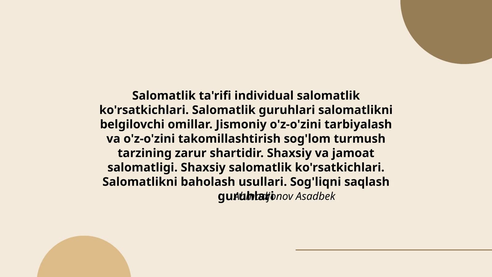 Salomatlik ta'rifi individual salomatlik ko'rsatkichlari