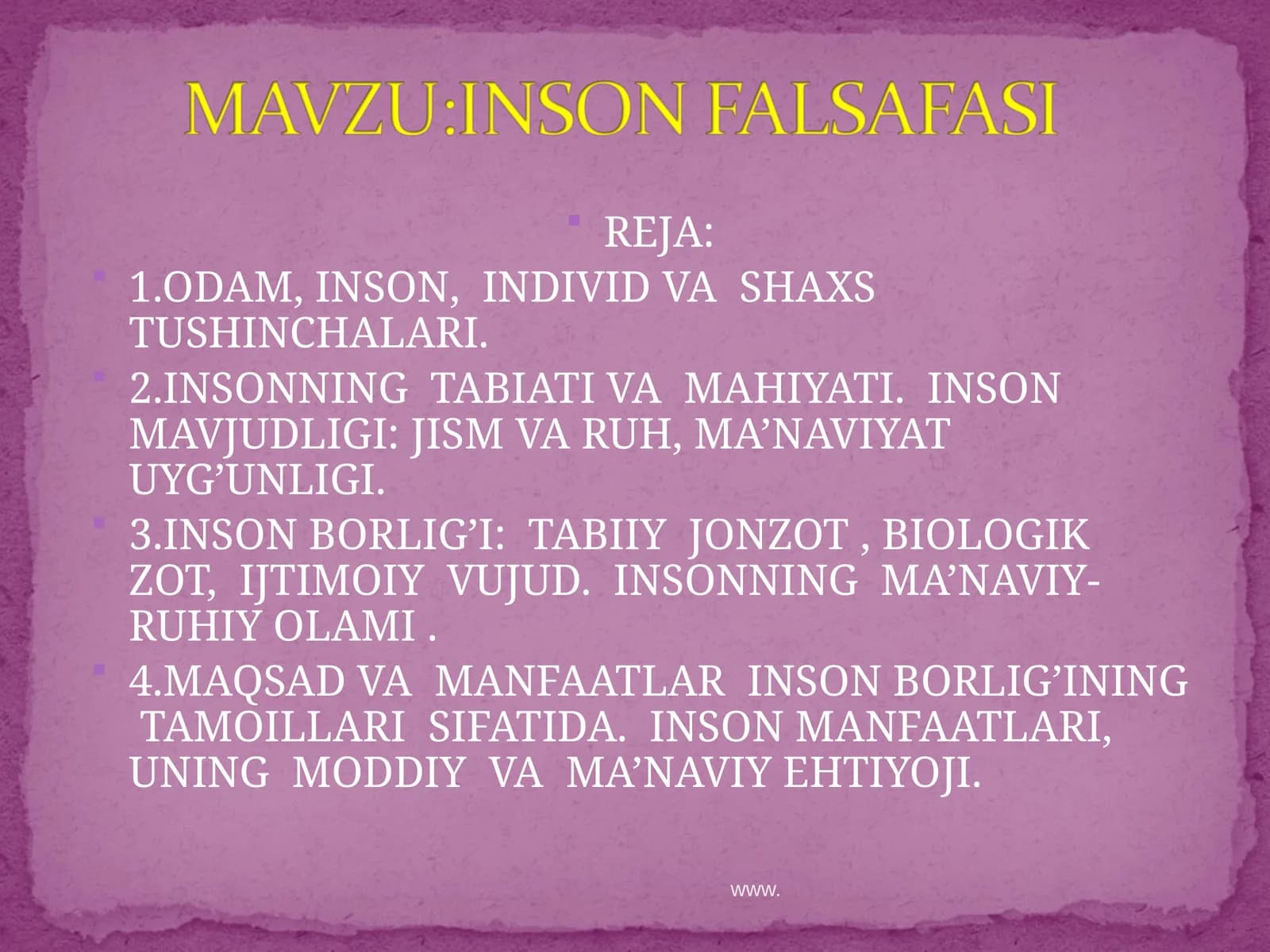 ODAM, INSON, INDIVID VA SHAXS TUSHINCHALARI