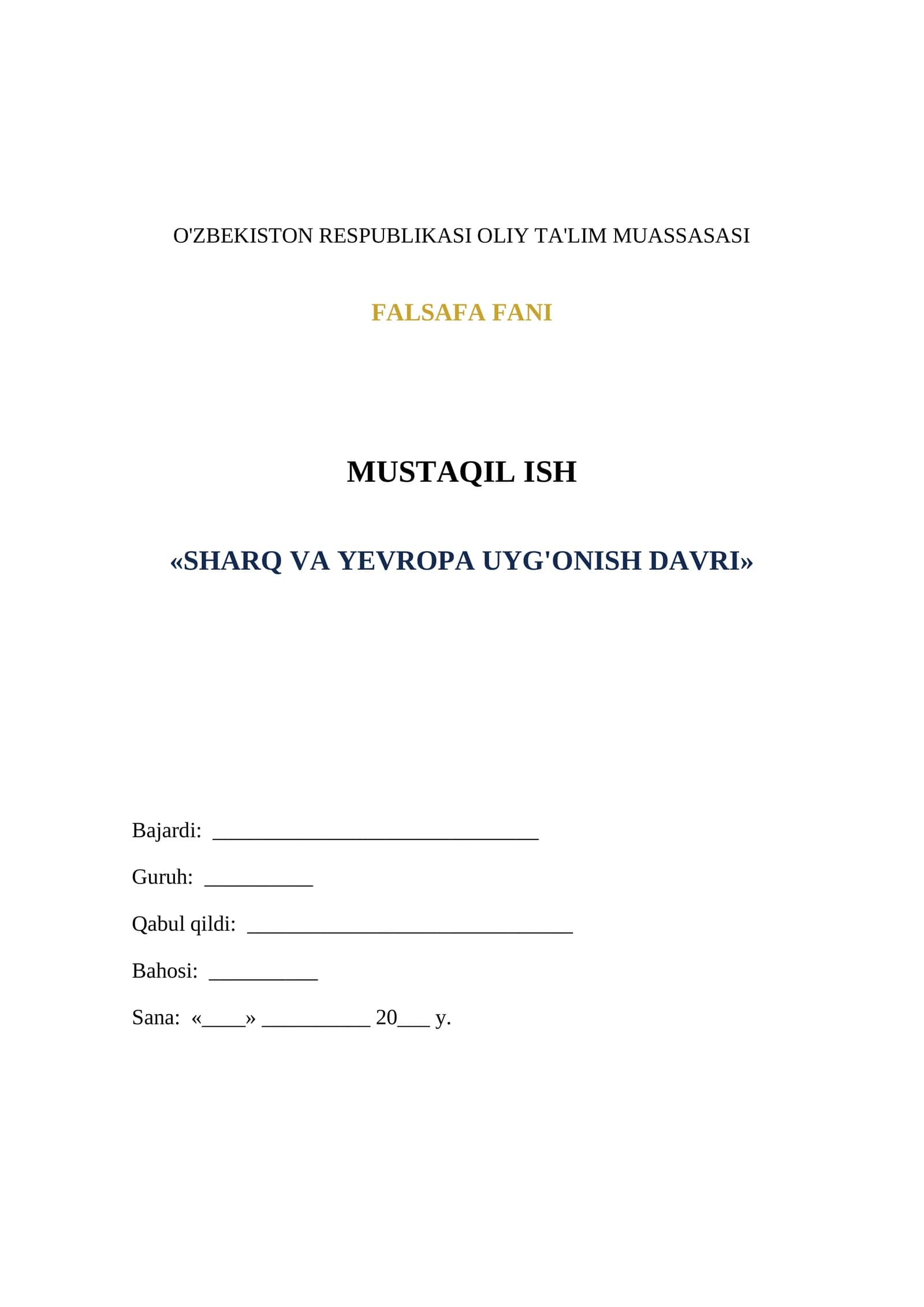 SHARQ VA YEVROPA UYG'ONISH DAVRI
