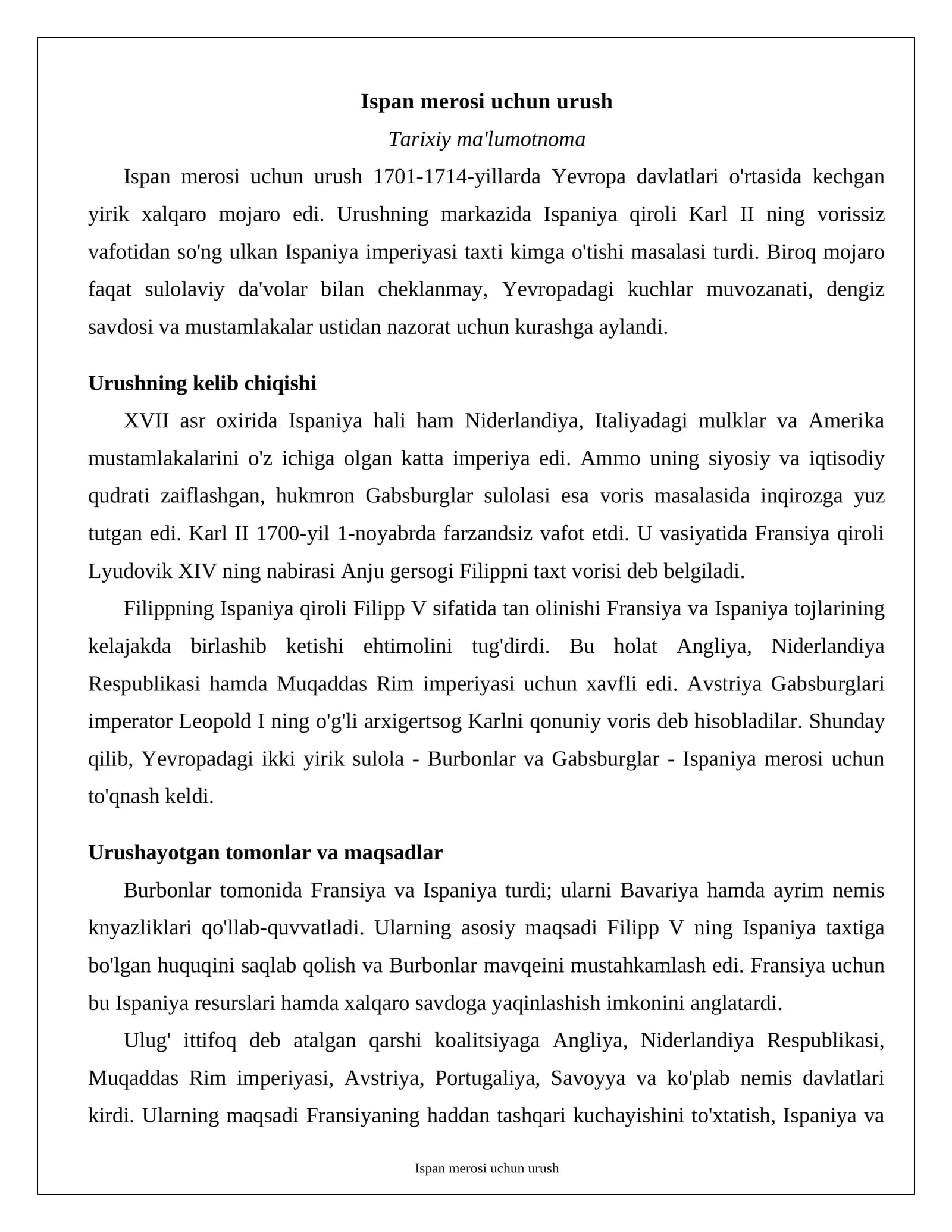 Ispan merosi uchun urush Tarixiy ma'lumotnoma