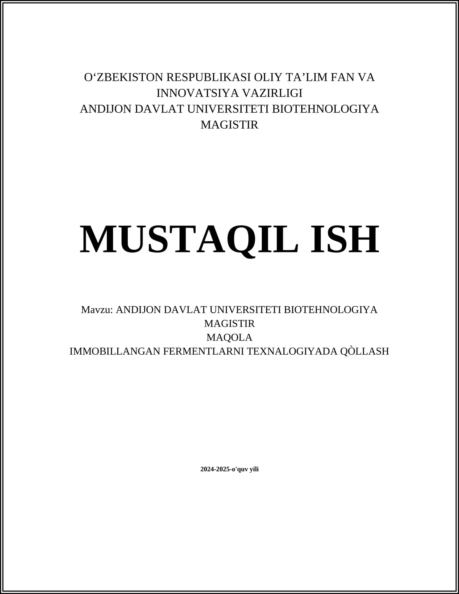 ANDIJON DAVLAT UNIVERSITETI BIOTEHNOLOGIYA MAGISTIR