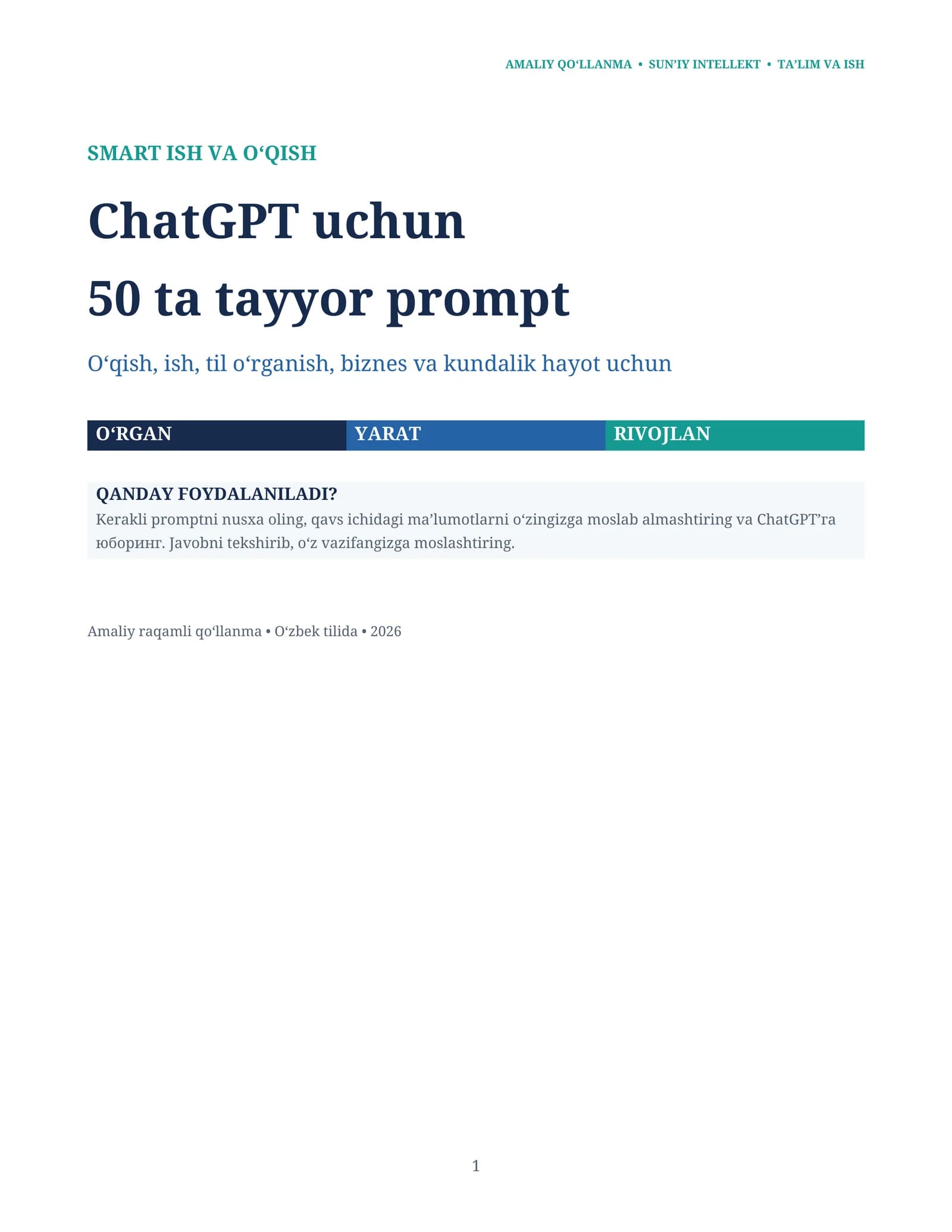 ChatGPT uchun 50 ta tayyor prompt — O‘zbek tilida