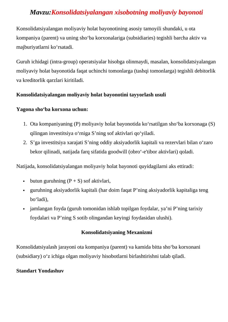 Konsolidatsiyalangan xisobotning moliyaviy bayonoti