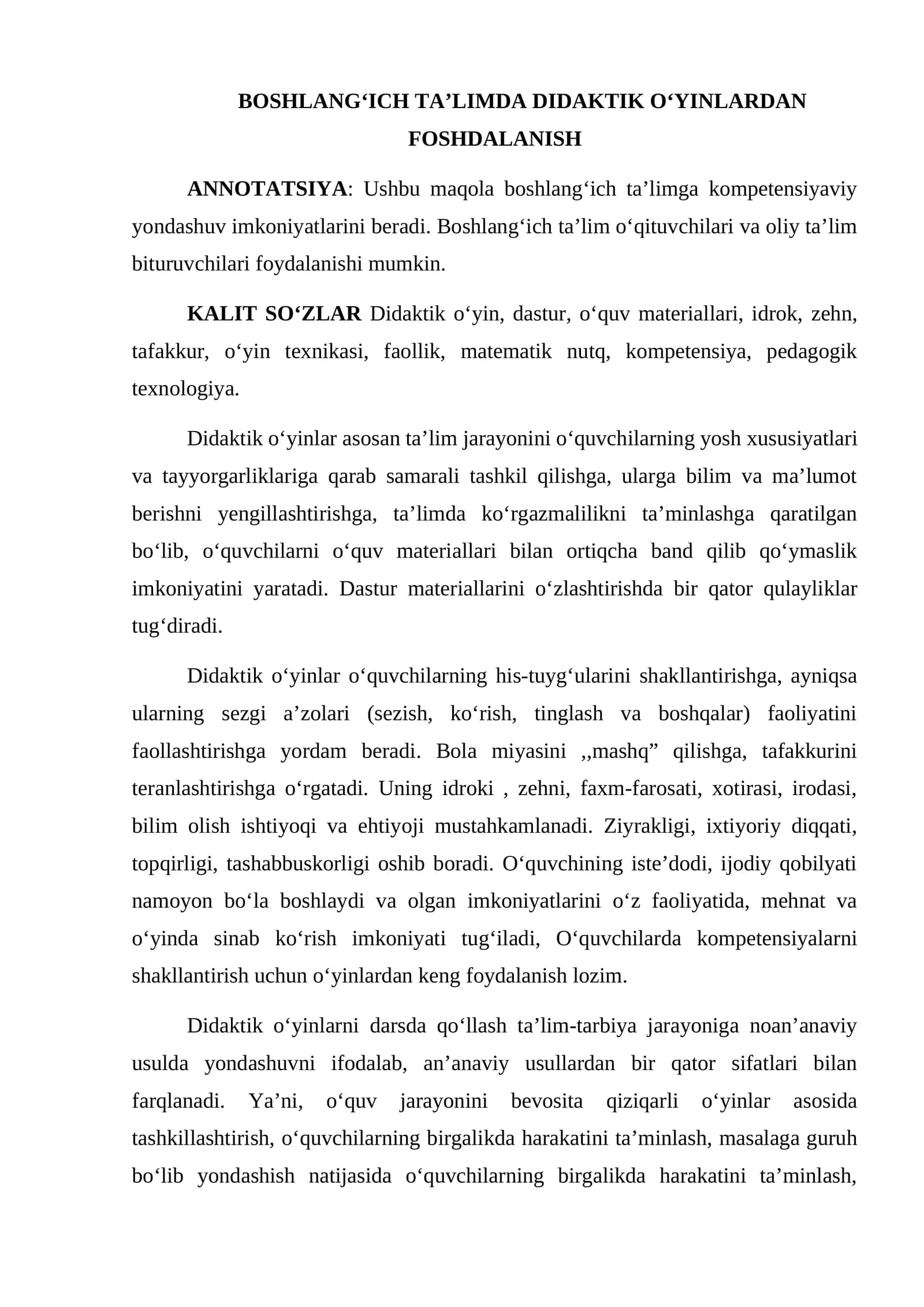 BOSHLANG‘ICH TA’LIMDA DIDAKTIK O‘YINLARDAN FOSHDALANISH