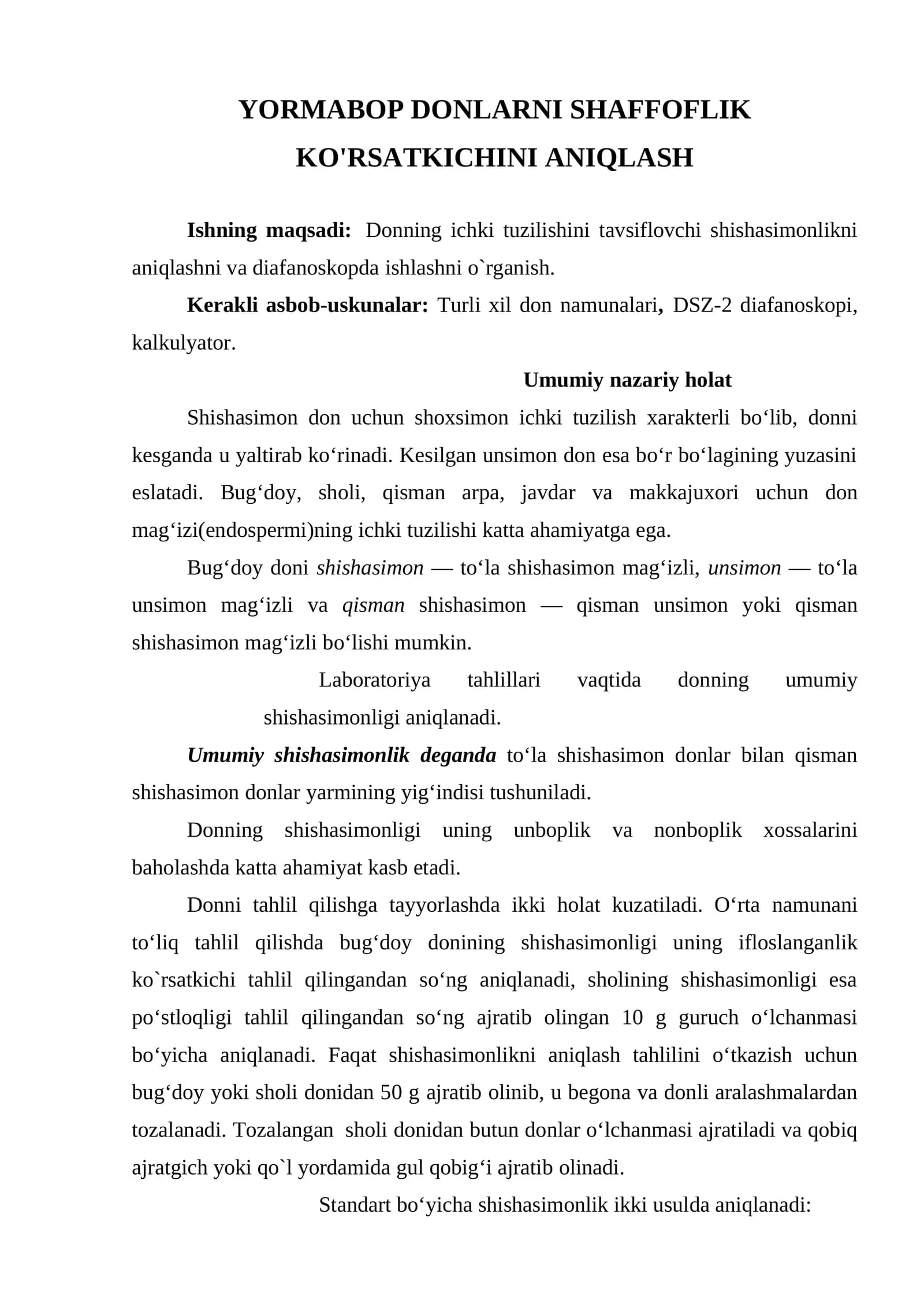 YORMABOP DONLARNI SHAFFOFLIK KO'RSATKICHINI ANIQLASH