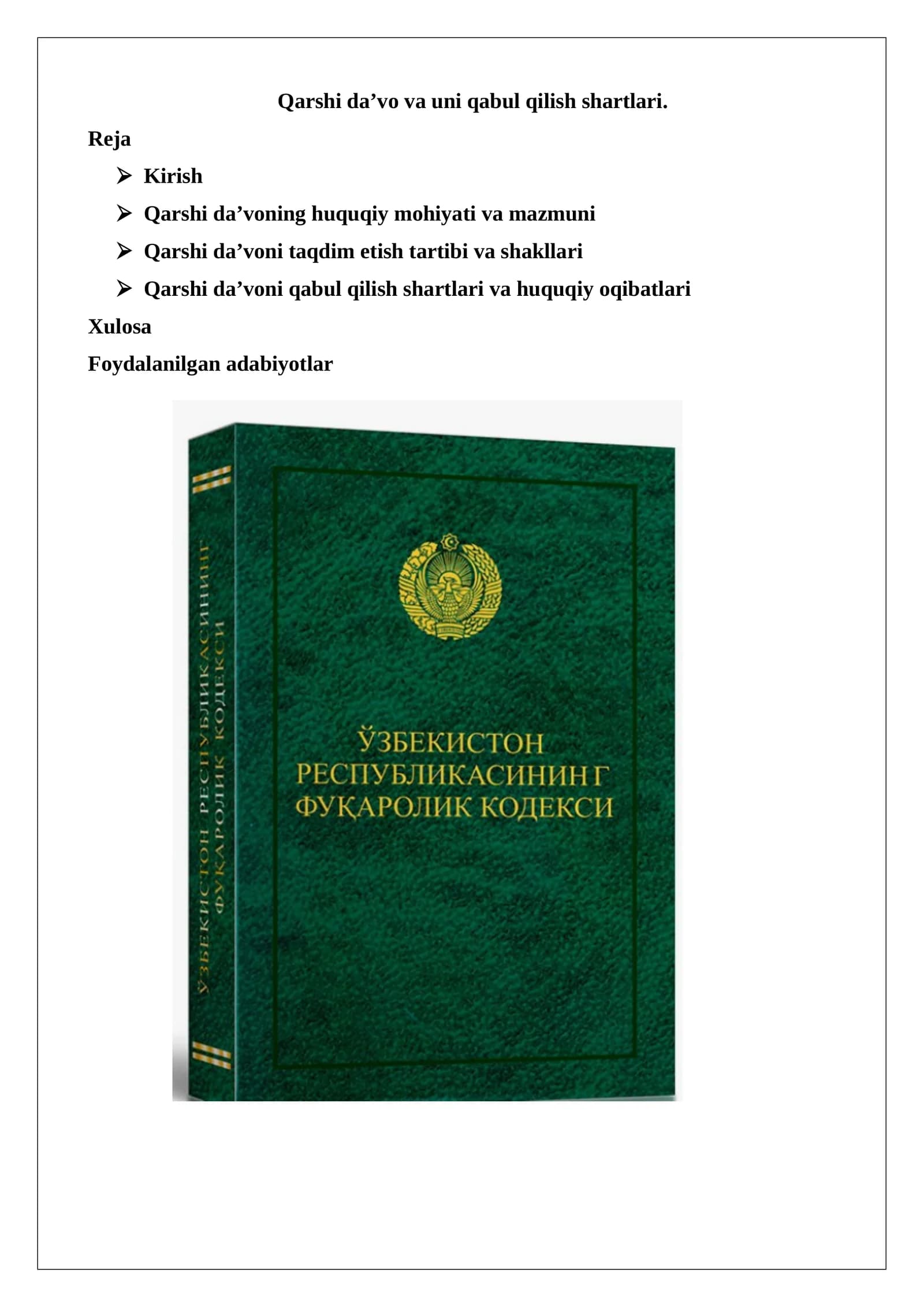 Qarshi da’vo va uni qabul qilish shartlari
