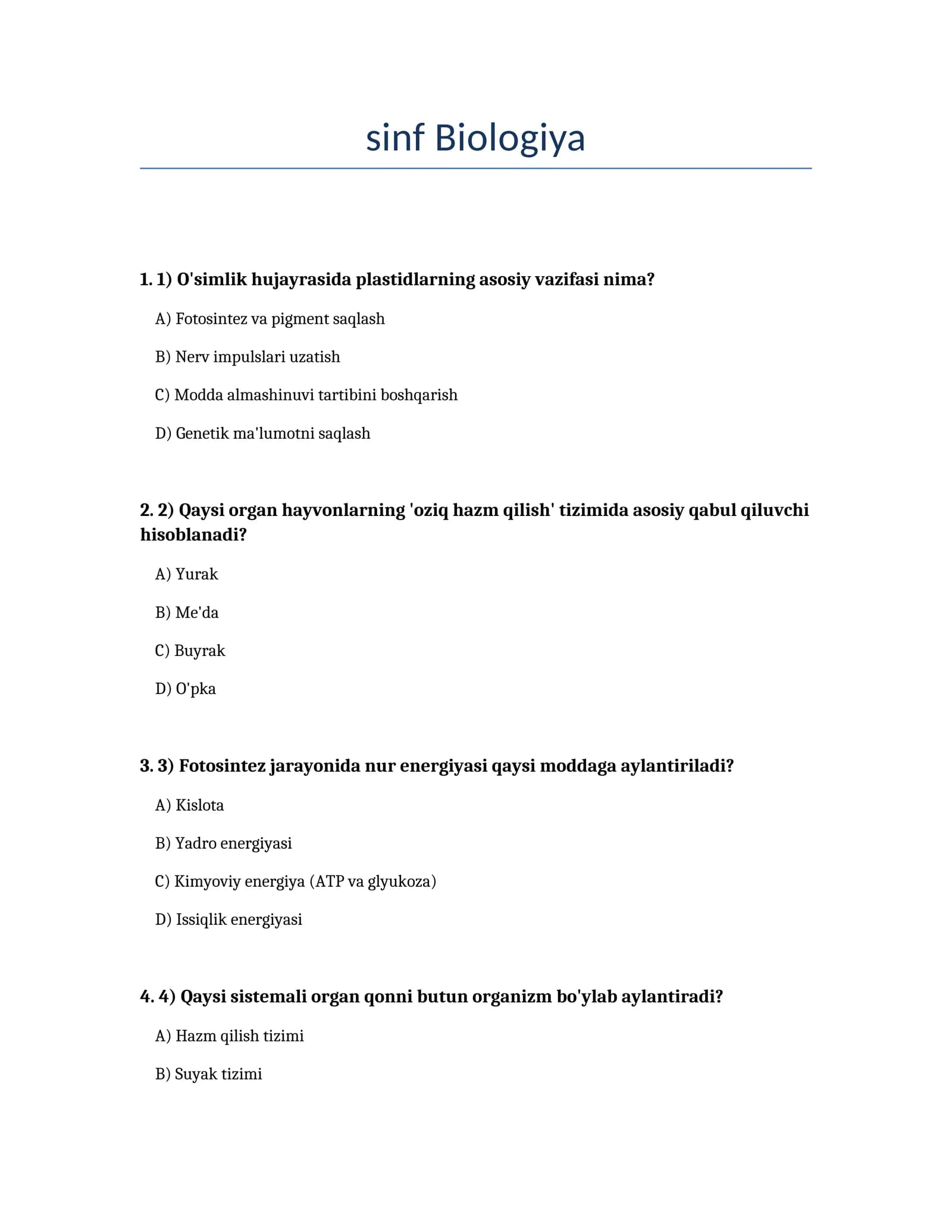 Biologiya sinfi Test savollari
