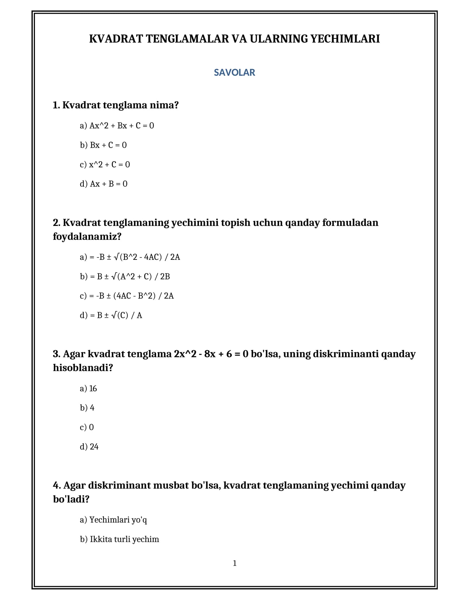 KVADRAT TENGLAMALAR VA ULARNING YECHIMLARI