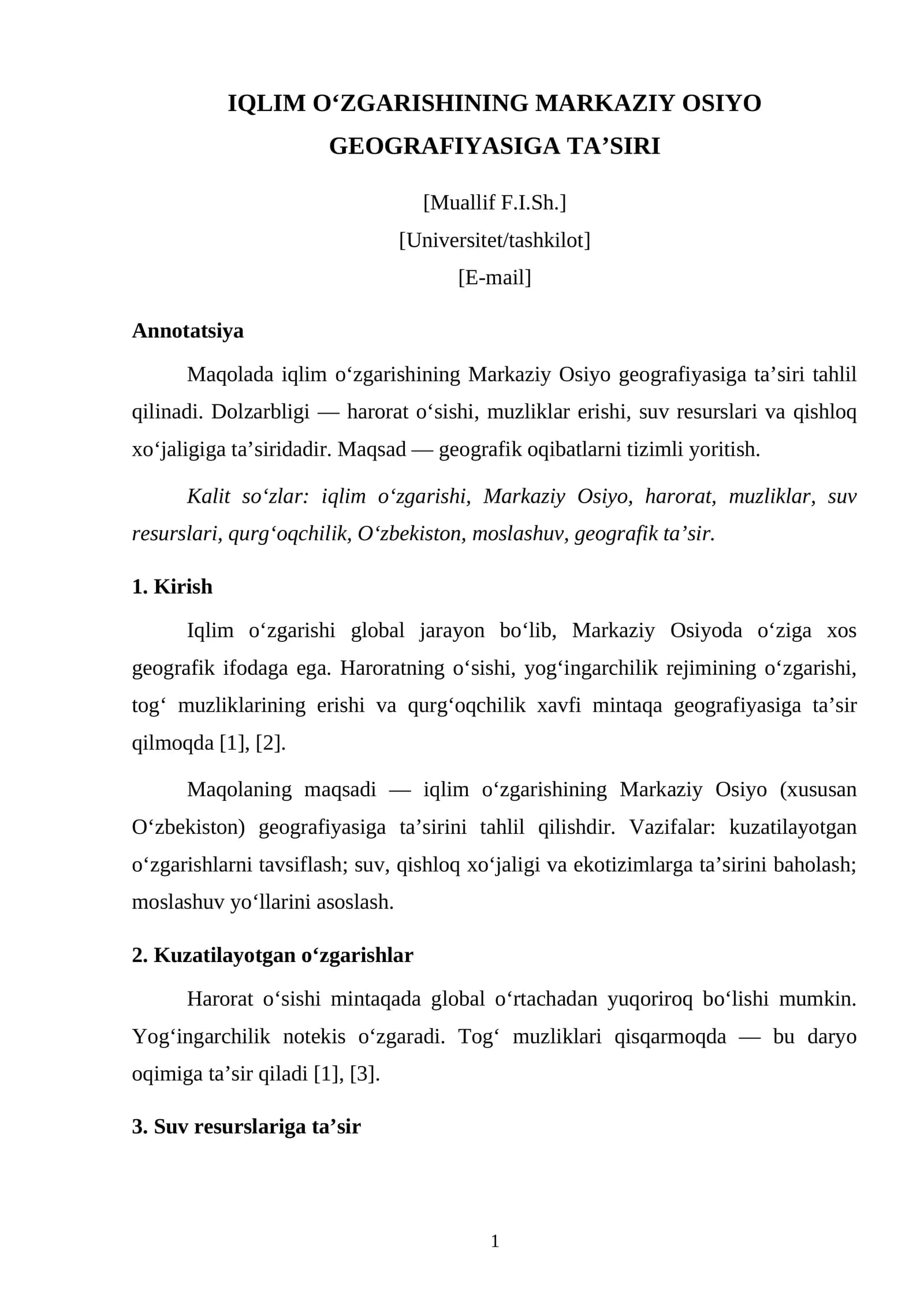 IQLIM O‘ZGARISHINING MARKAZIY OSIYO GEOGRAFIYASIGA TA’SIRI