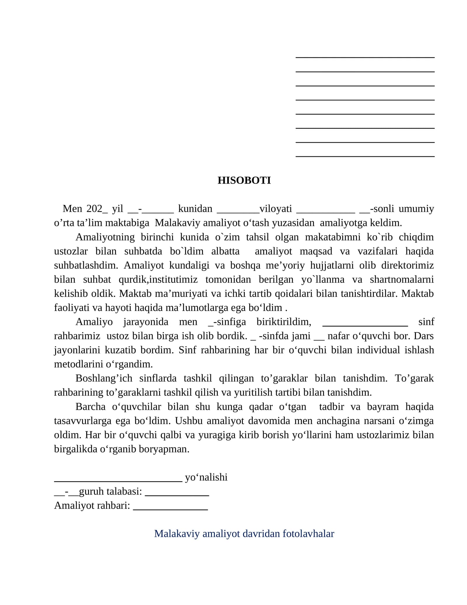 Boshlangʻich taʼlim yoʻnalishi talabalari uchun malakaviy amaliyot yuzasidan yozilgan hisobot namuna