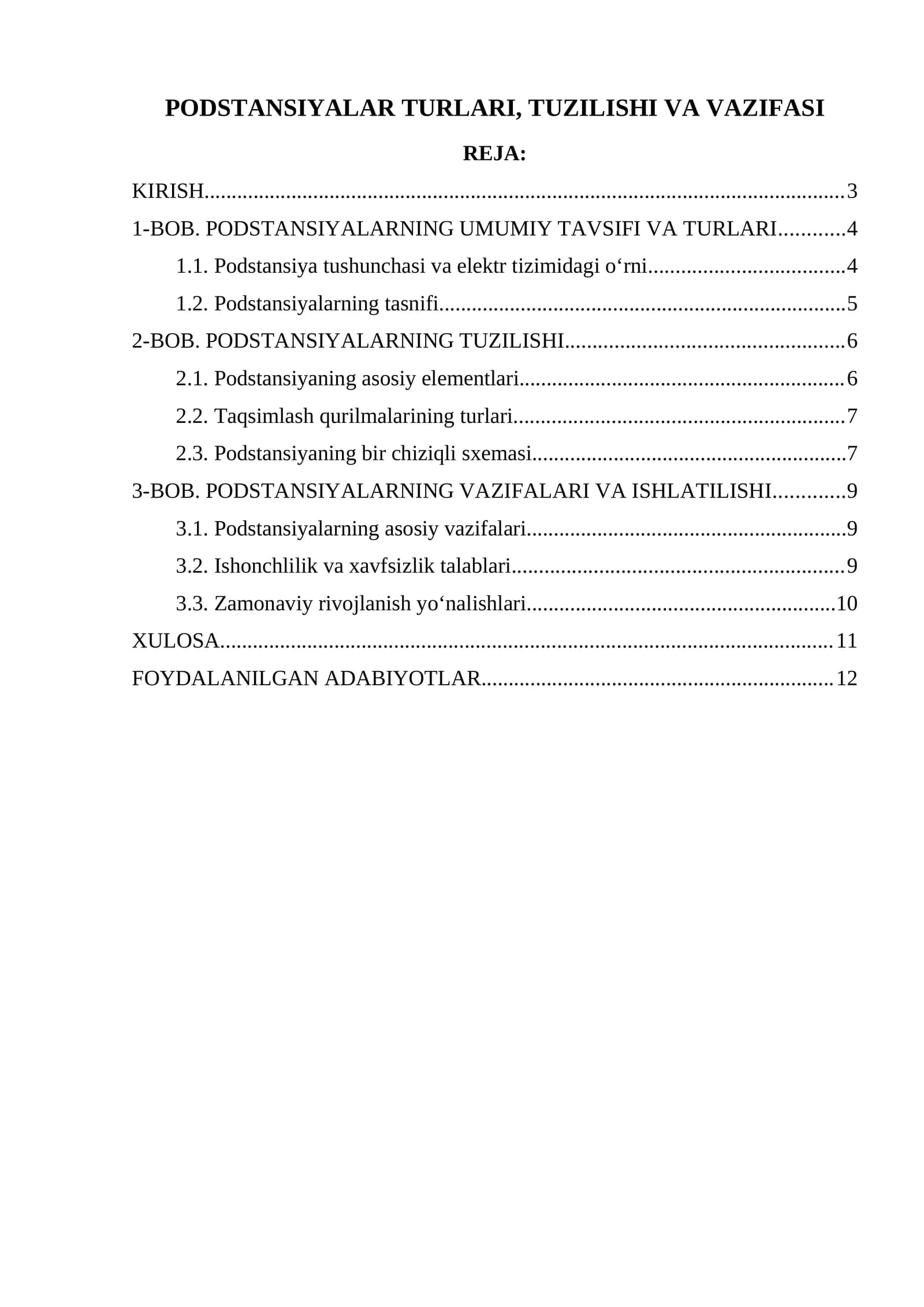 Podstantsiyalar turlari, tuzilishi va vazifasi